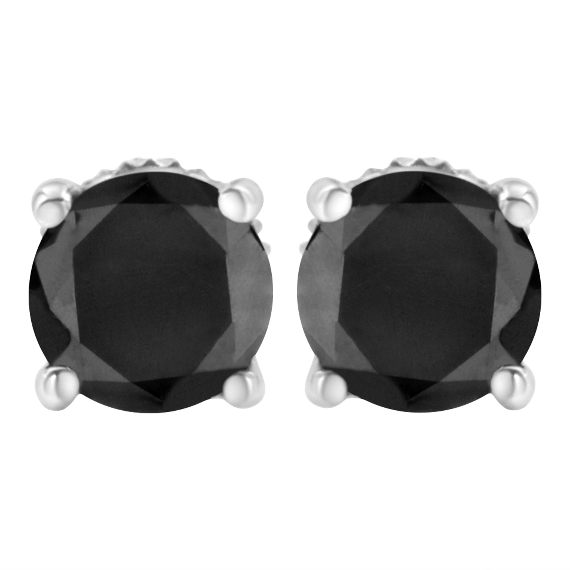 .925 Sterling Silver Round Brilliant-Cut Black Diamond Classic 4-Prong Stud Earrings With Screw Backs (Fancy Color-Enhan