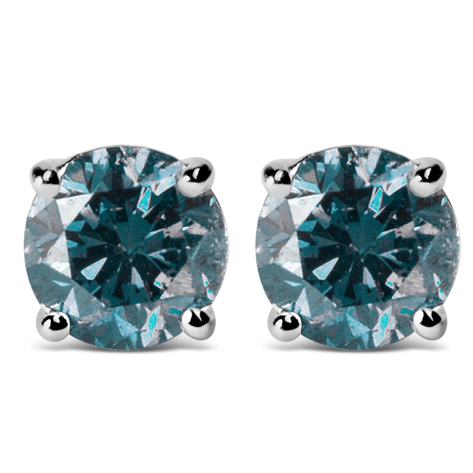14K Gold Round Brilliant Cut Lab Grown Blue Diamond 4-Prong Classic Solitaire Stud Earrings With Pushbacks