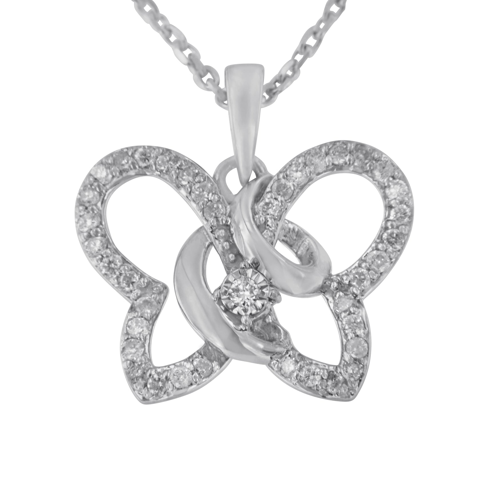 Diamond Butterfly Pendant Necklace 1/4 Cttw in .925 Sterling Silver 18”