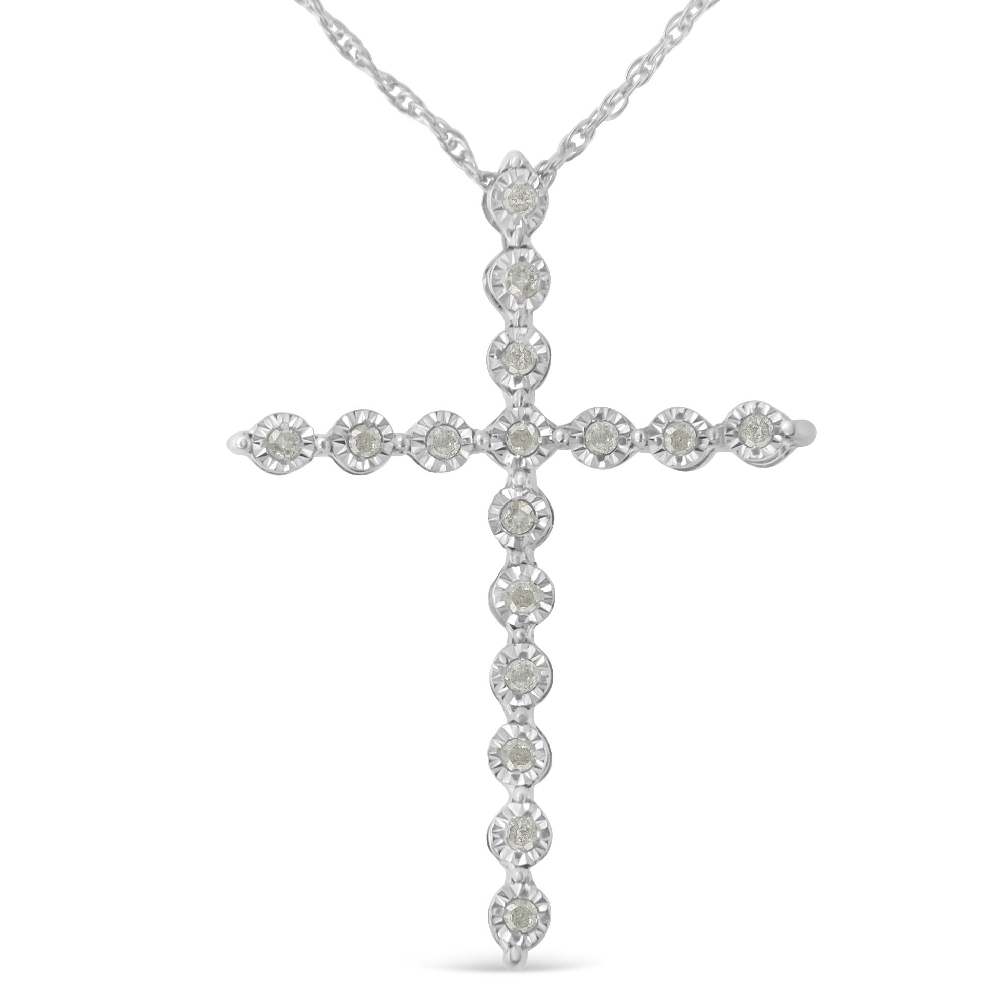 .925 Sterling Silver 1/6 Cttw Brilliant-Cut Diamond Miracle-Set Shared Prong Cross 18" Pendant Necklace (I-J Color, I2-I