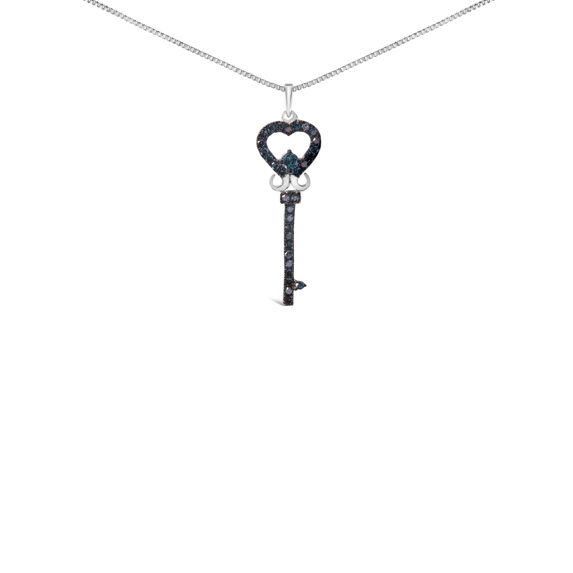 Blue Diamond Key Pendant Necklace 18” in .925 Sterling Silver 1/3 Cttw