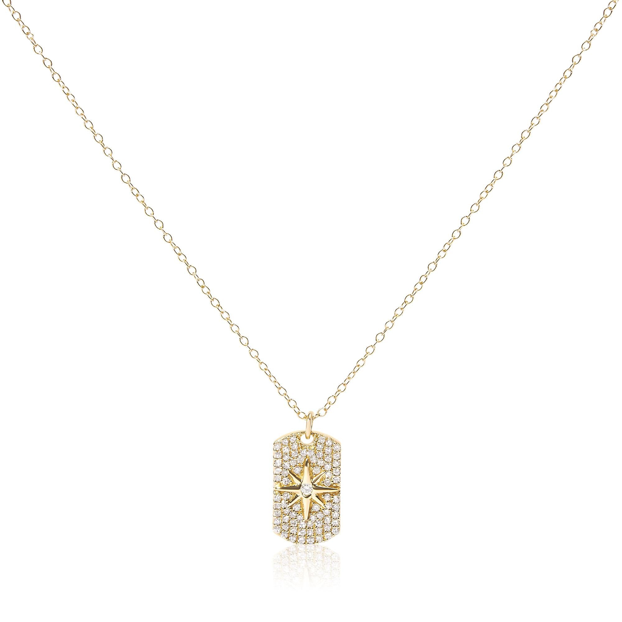 18K Yellow Gold Plated .925 Sterling Silver 3/8 Cttw Diamond North Star Dog Tag 18" Inch Pendant Necklace (I-J Color, I2