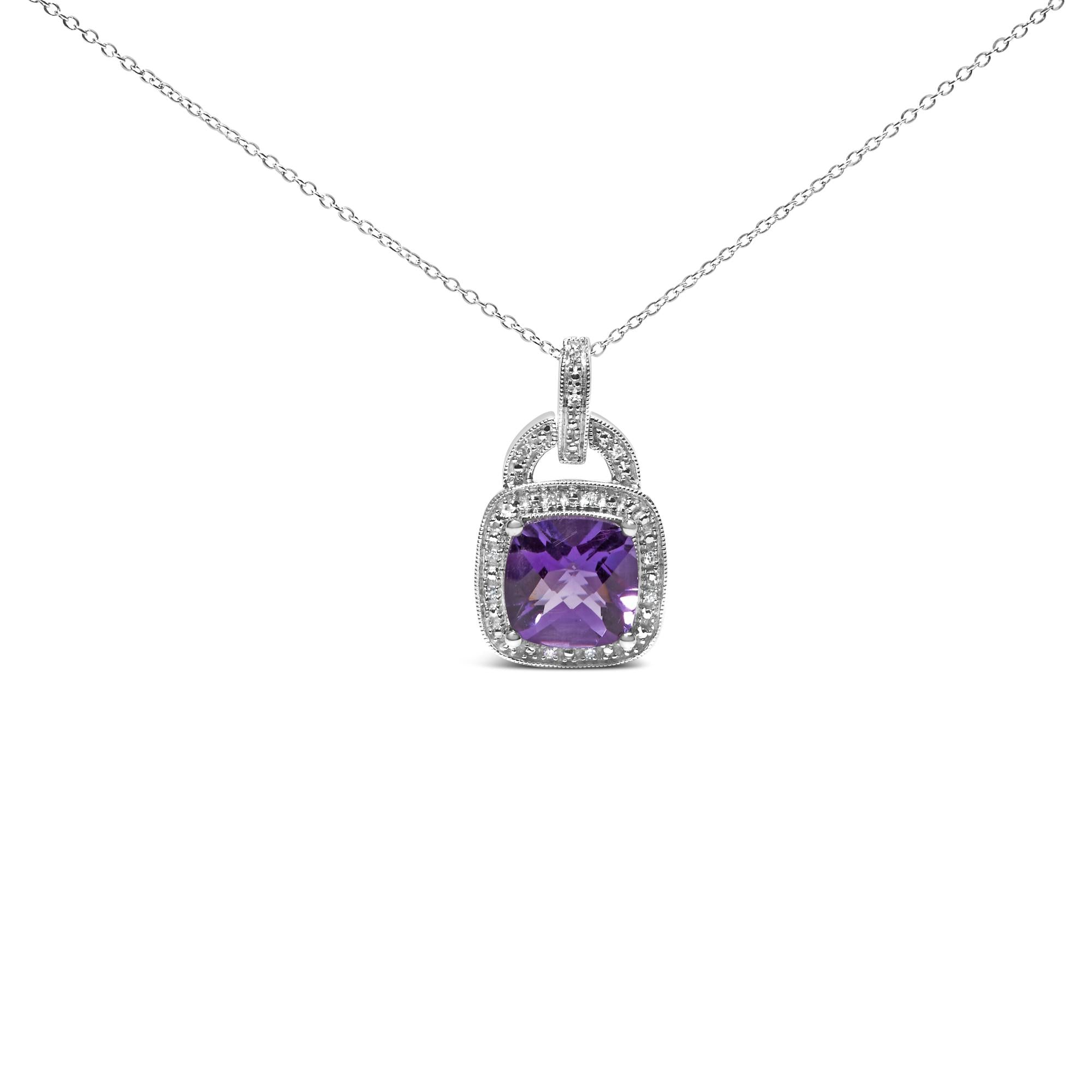 .925 Sterling Silver 10X10 MM Cushion Purple Amethyst and Diamond Accent Halo 18" Pendant Necklace (I-J Color, I1-I2 Cla