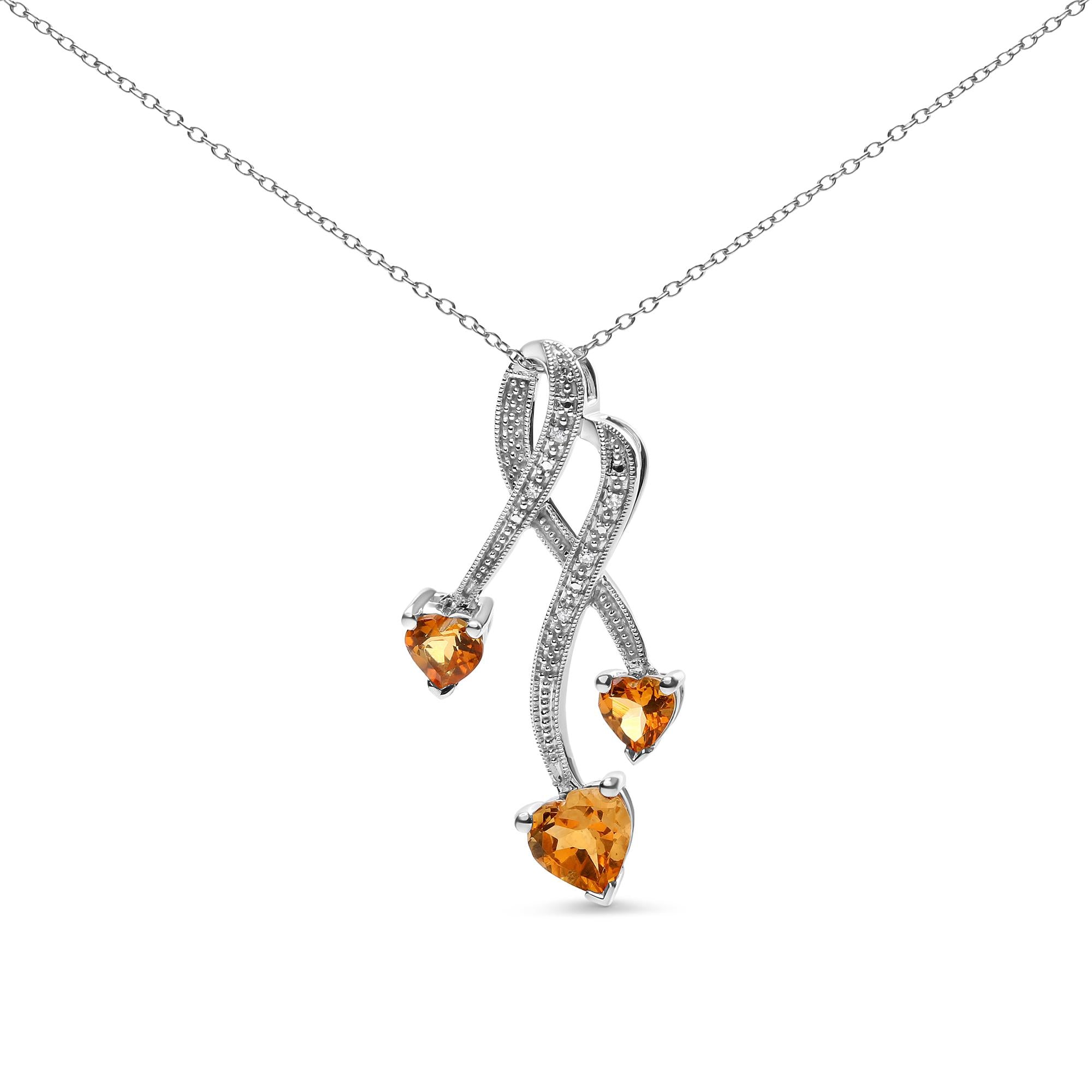 .925 Sterling Silver 3-Stone Heart Shape Citrine and Diamond Accent Spiral Drop 18" Pendant Necklace (H-I Color, SI1-SI2
