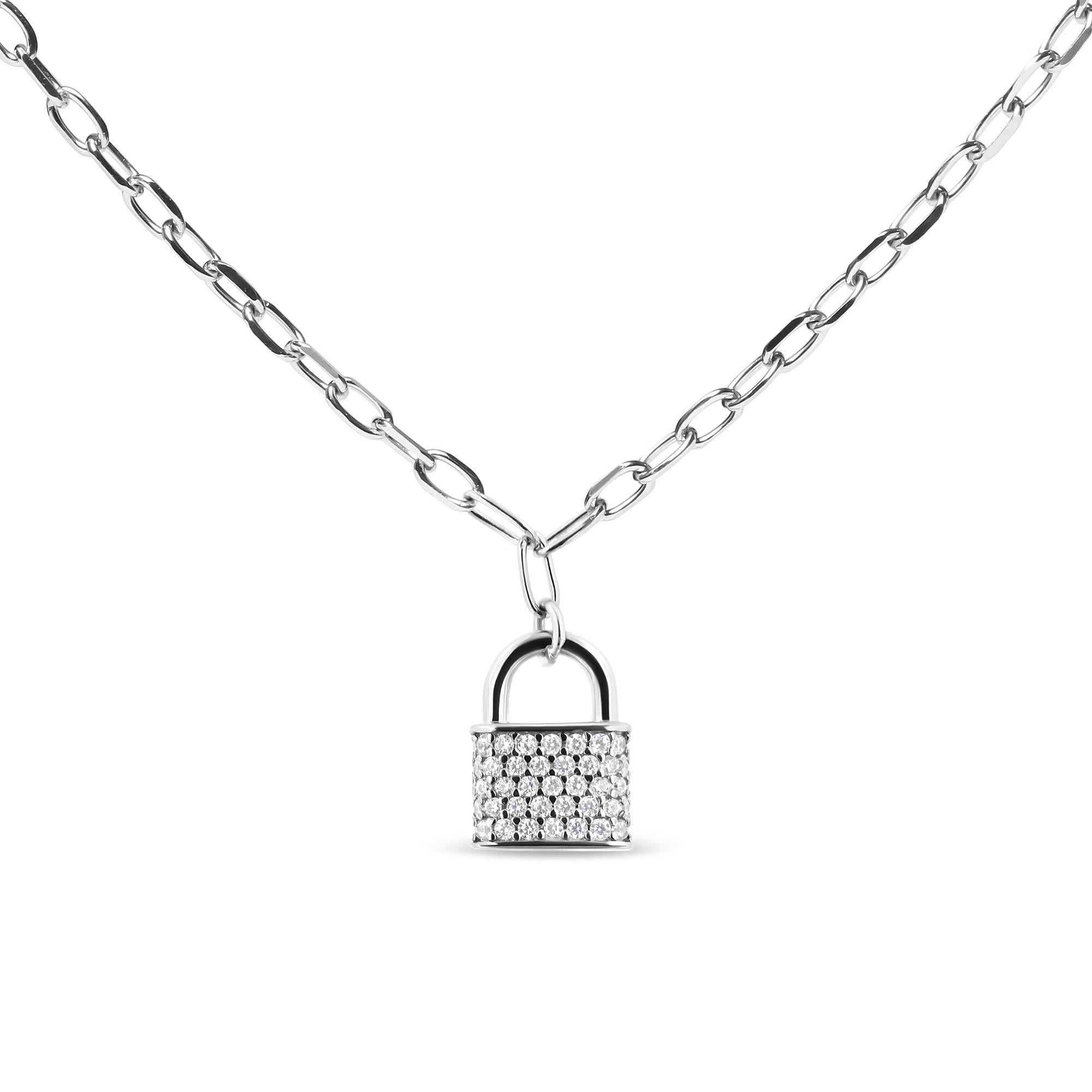 .925 Sterling Silver 1/4 Cttw Diamond Lock Pendant Necklace With Paperclip Chain (H-I Color, SI2-I1 Clarity)