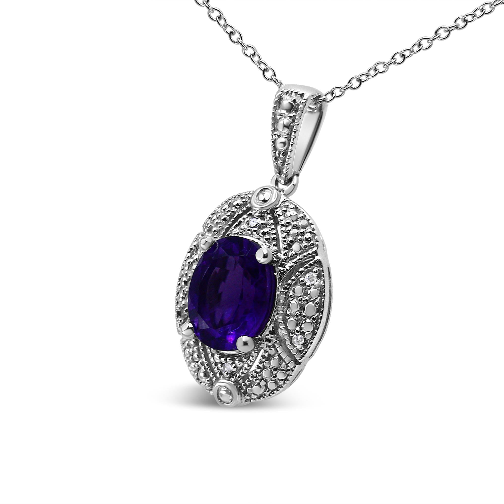 .925 Sterling Silver Diamond Accent and 9x7mm Purple Oval Amethyst Gemstone Pendant 18" Necklace (I-J Color, I1-I2 Clari
