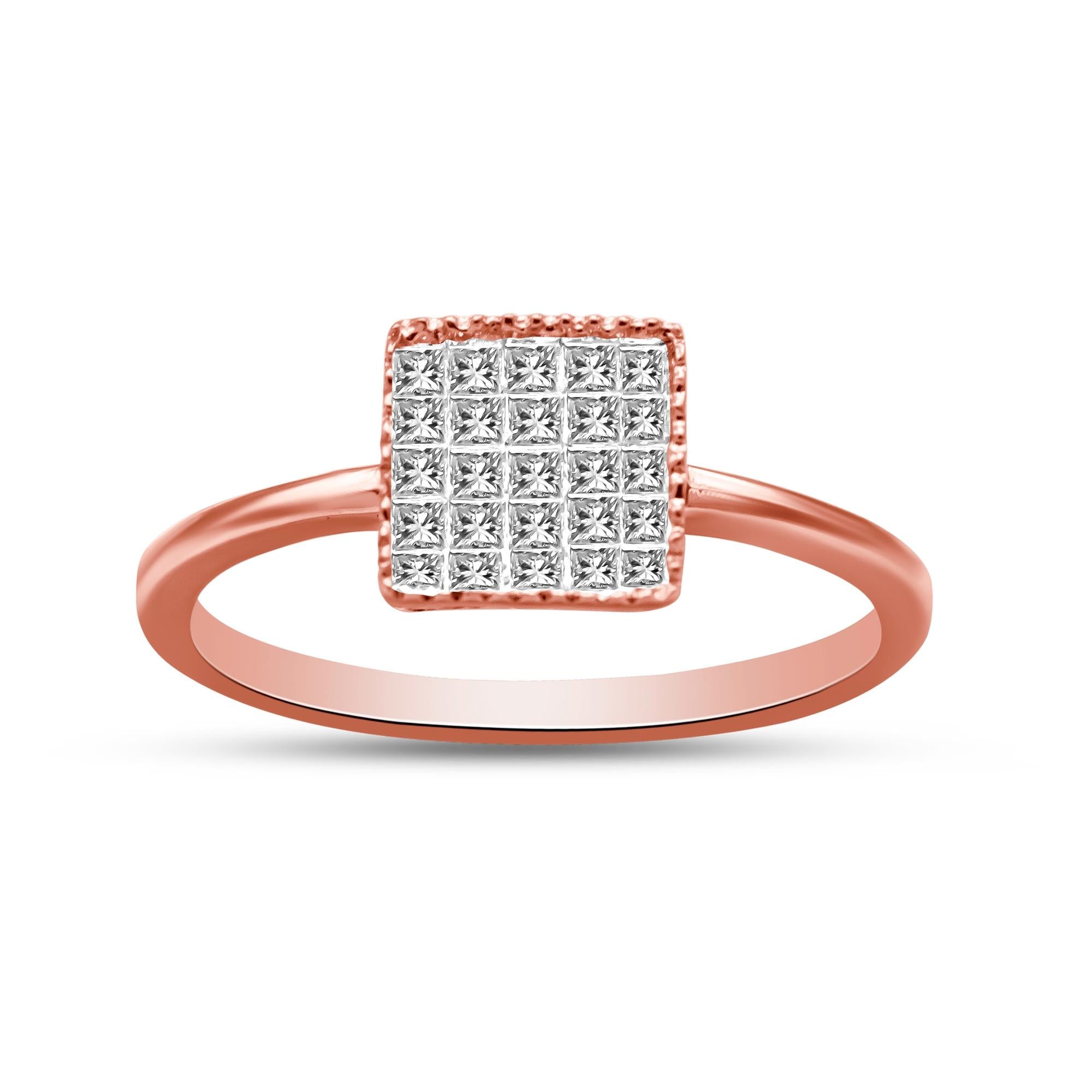 10K Rose Gold 1/3 Cttw Invisible Set Princess Cut Diamond Composite Square Shape Ring for Women (H-I Color, I1-I2 Clarit