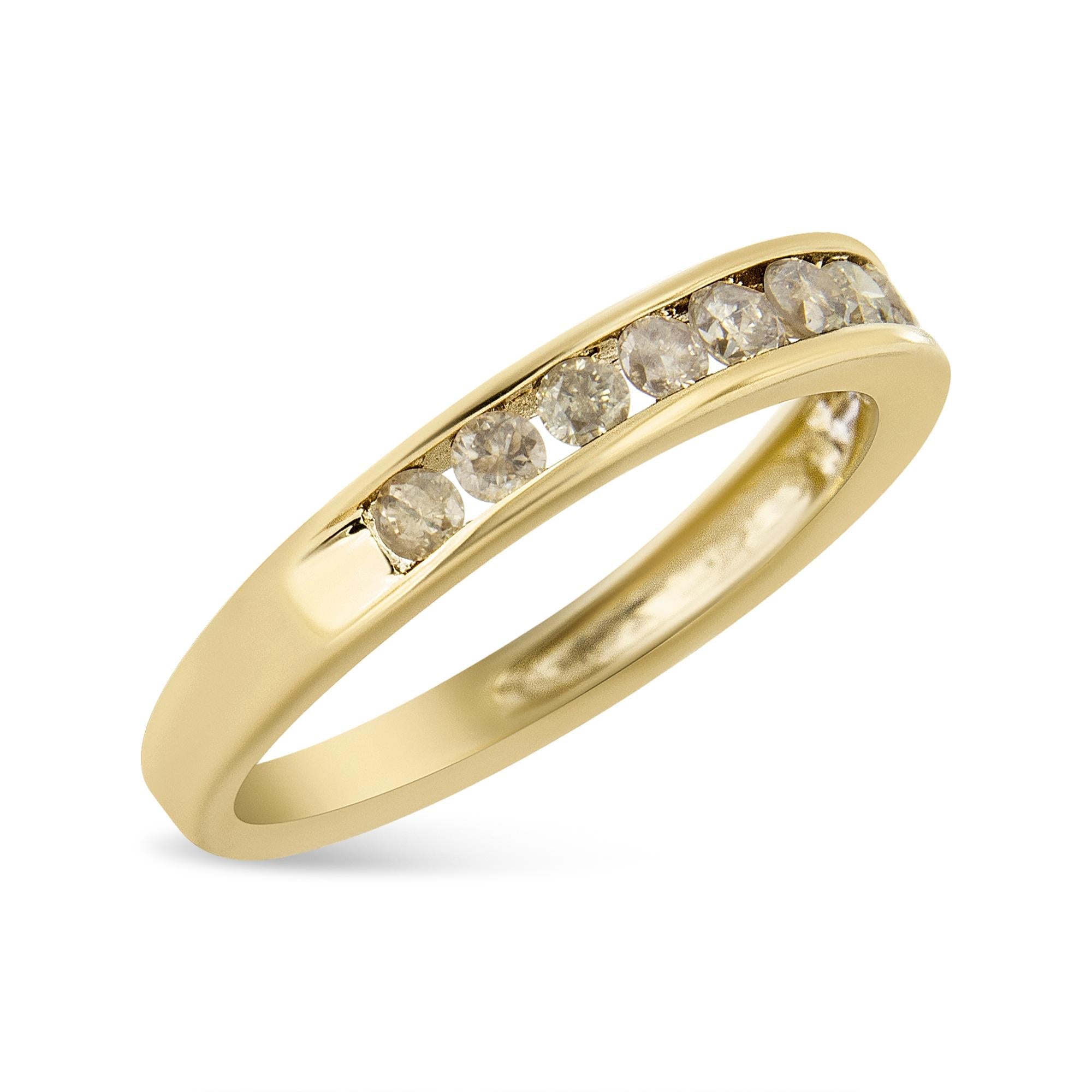 14K Yellow Gold Plated .925 Sterling Silver 1/2 Cttw Channel Set Round Champagne Diamond 11 Stone Band Ring (K-L Color,