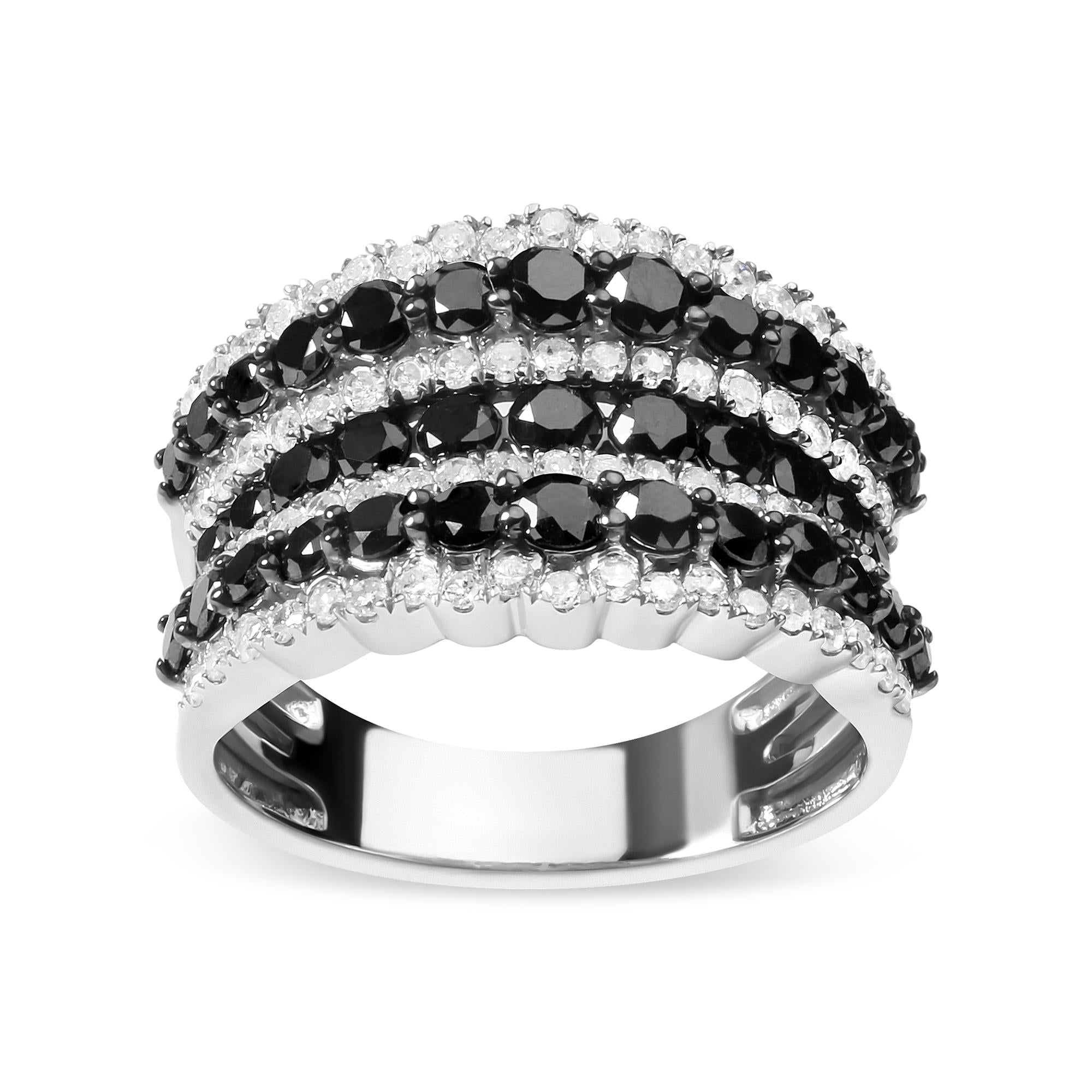 .925 Sterling Silver 1 3/4 Cttw Treated Black and White Alternating Diamond Multi Row Band Ring (Black / I-J Color, I2-I