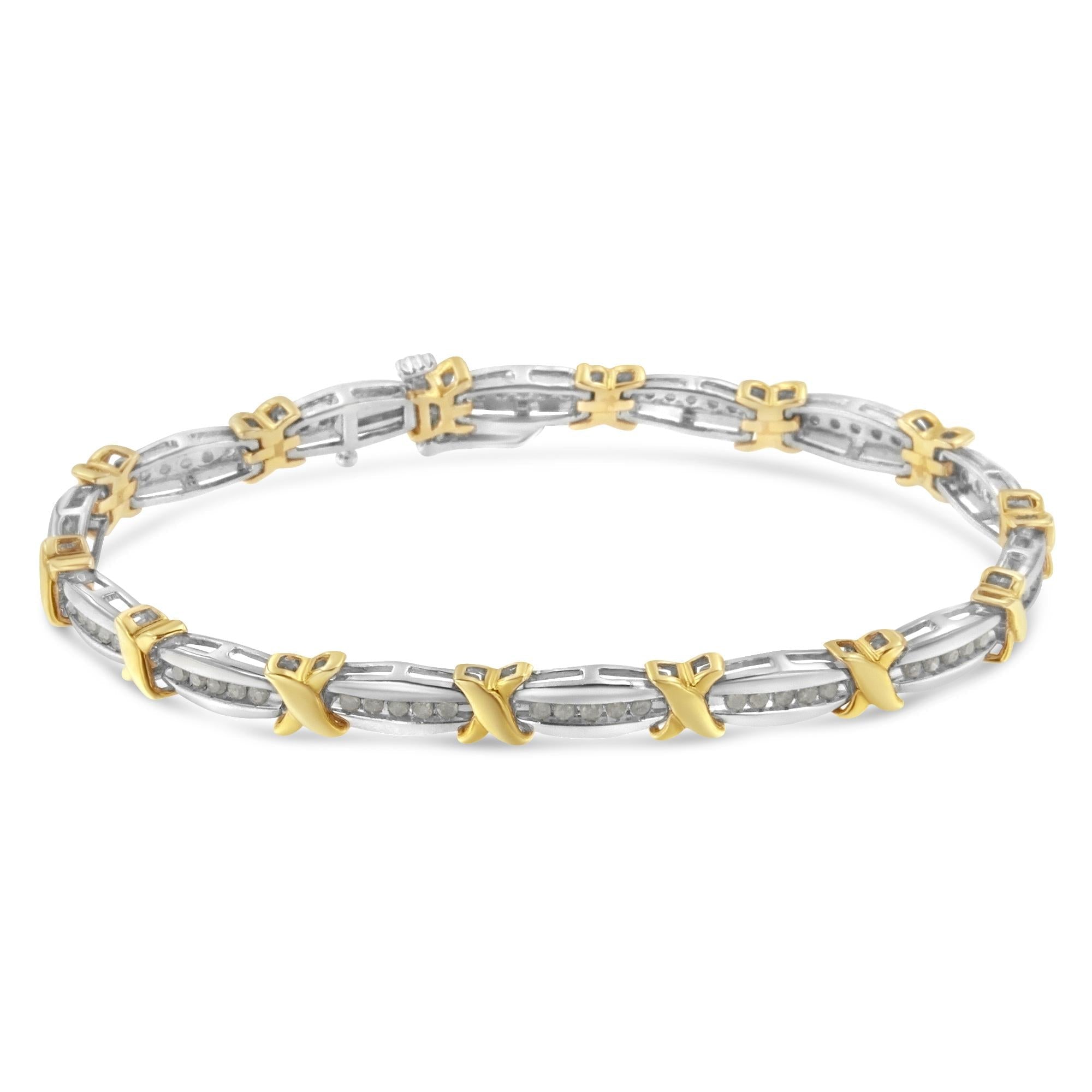 Two-Tone 10K Yellow Gold Over .925 Sterling Silver 1.0 Cttw Diamond Channel Set Tapered & X-Link 7" Tennis Bracelet (H-I