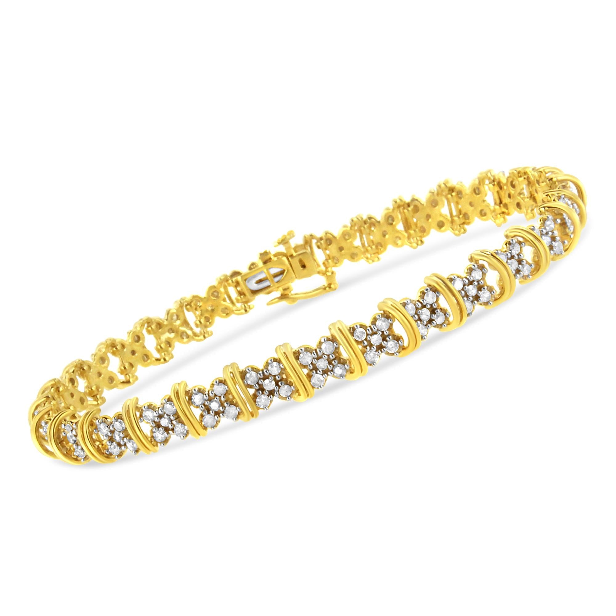 10K Yellow Gold Plated .925 Sterling Silver 2.0 Cttw Round Diamond Cluster "X" Shaped Link Bracelet (H-I Color, I3 Clari