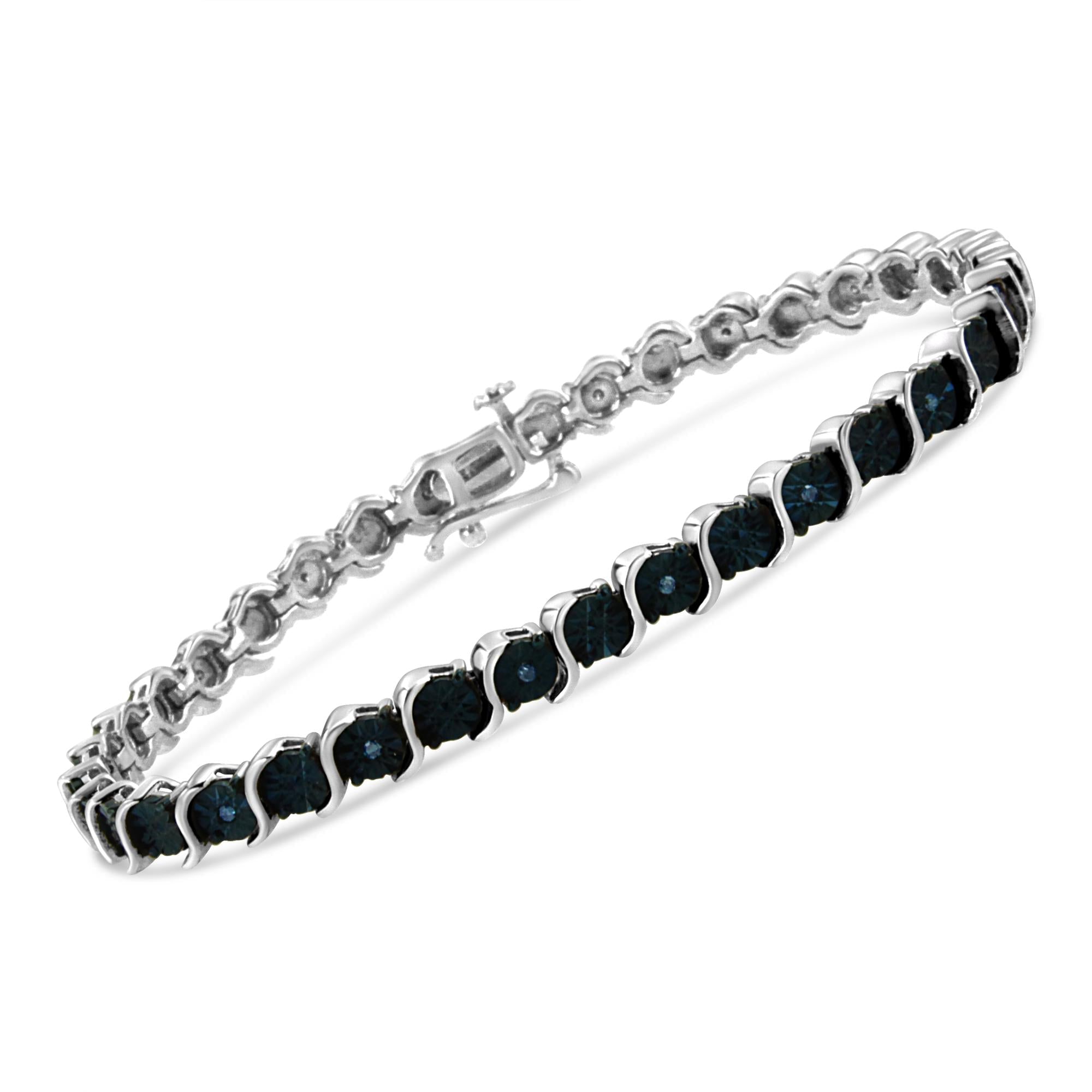 .925 Sterling Silver 1/10 Cttw Miracle-Set Treated Blue Color Diamond Miracle Plate "S" Link Tennis Bracelet (Blue Color