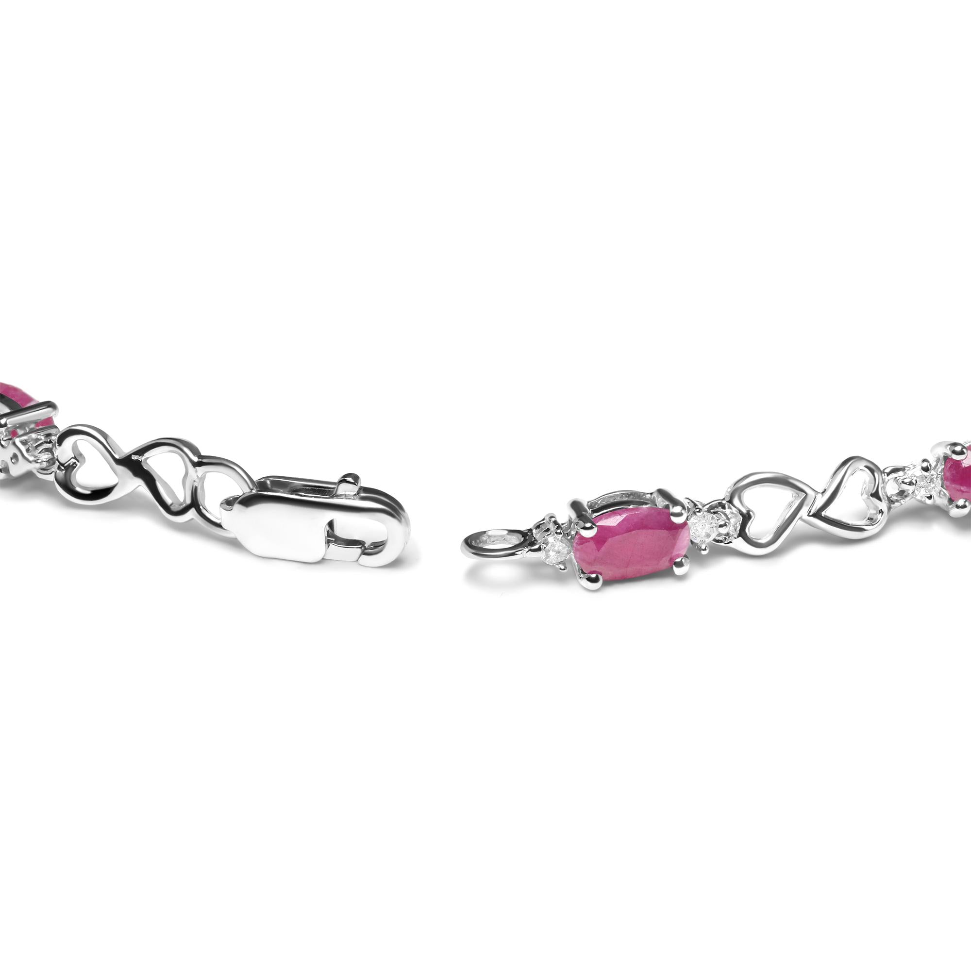 Pink Oval Ruby & Diamond Link Bracelet in .925 Sterling Silver 7.25”
