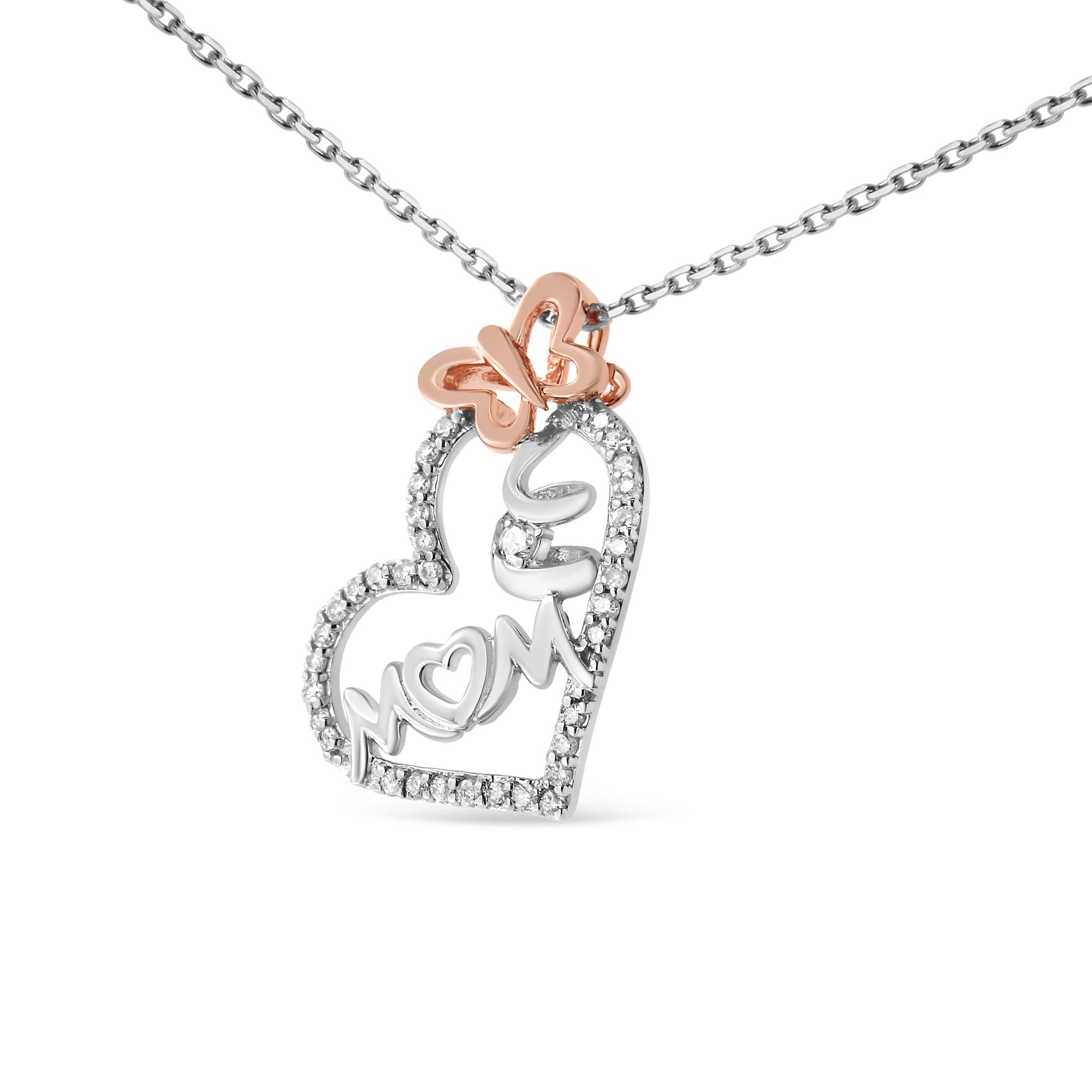 Diamond Heart “Mom” Pendant Necklace in Two-Tone Sterling Silver (1/5 Cttw)
