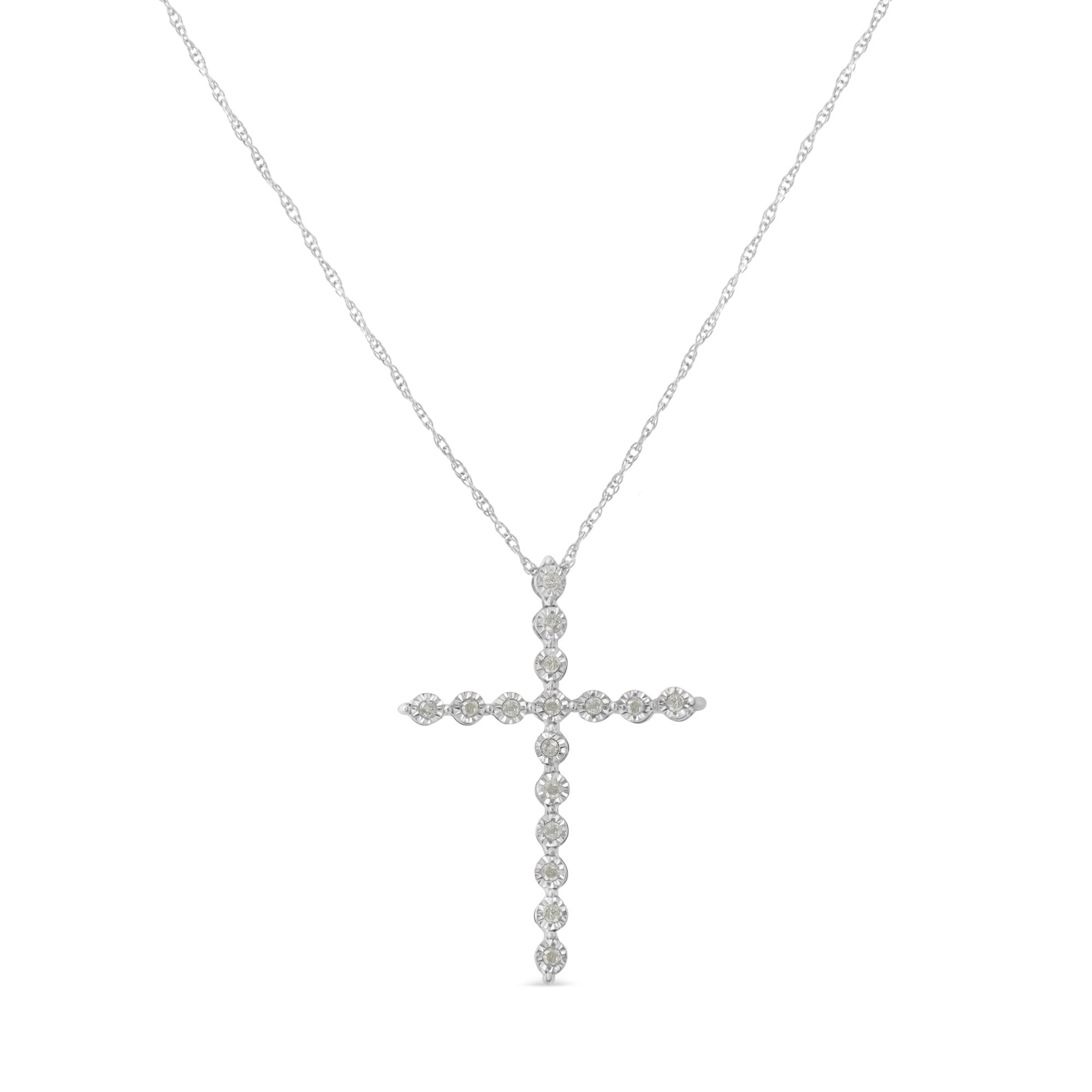 .925 Sterling Silver 1/6 Cttw Brilliant-Cut Diamond Miracle-Set Shared Prong Cross 18" Pendant Necklace (I-J Color, I2-I