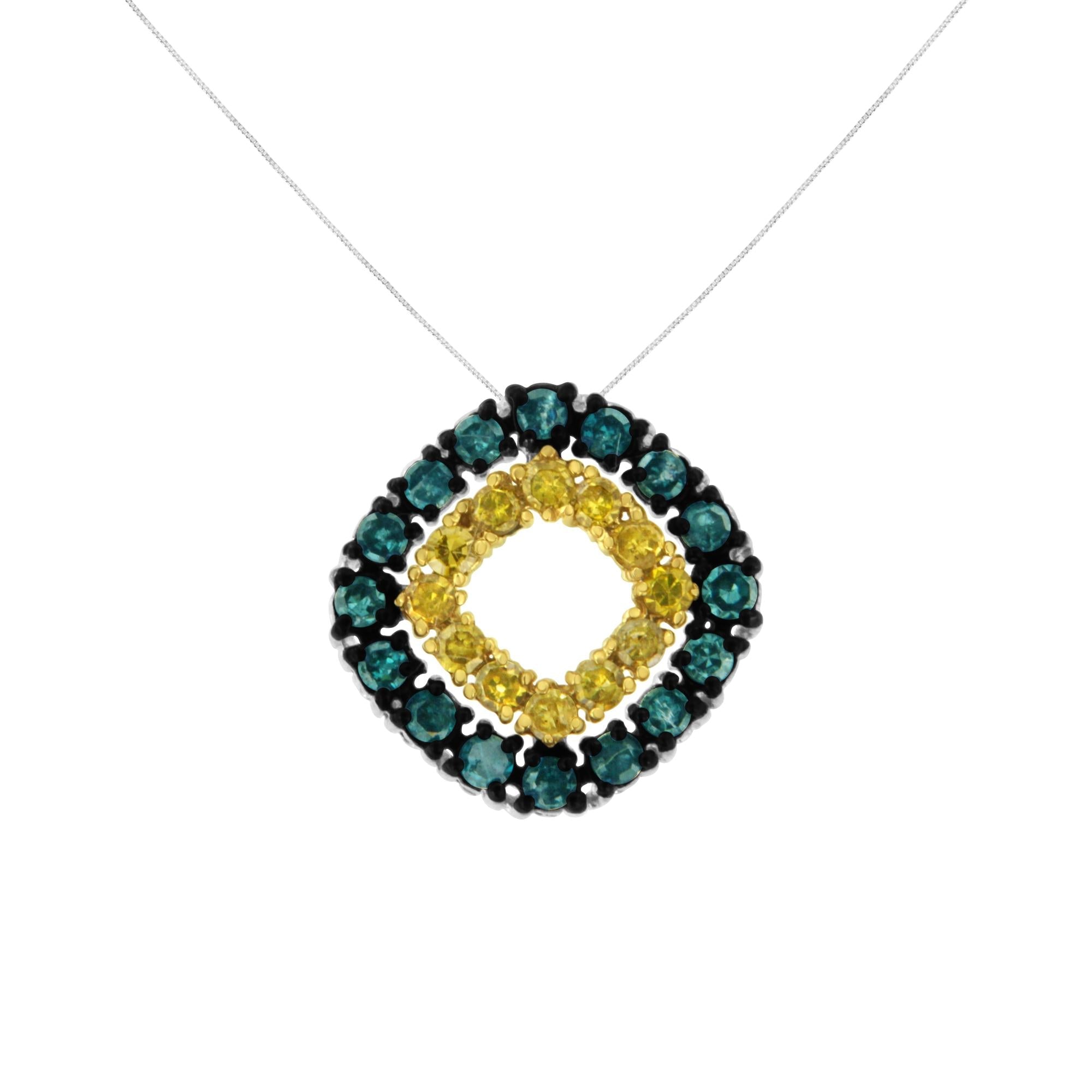 .925 Sterling Silver 1/2 Cttw Treated Blue and Yellow Diamond Double Square 18" Pendant Necklace (Blue/Yellow Color, I2-