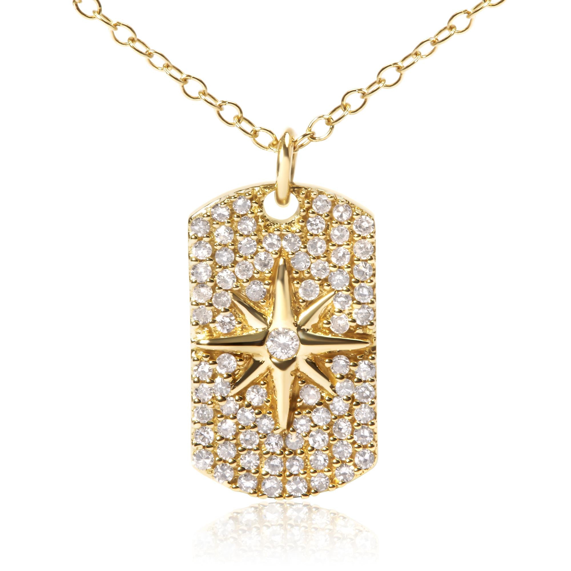 18K Yellow Gold Plated .925 Sterling Silver 3/8 Cttw Diamond North Star Dog Tag 18" Inch Pendant Necklace (I-J Color, I2
