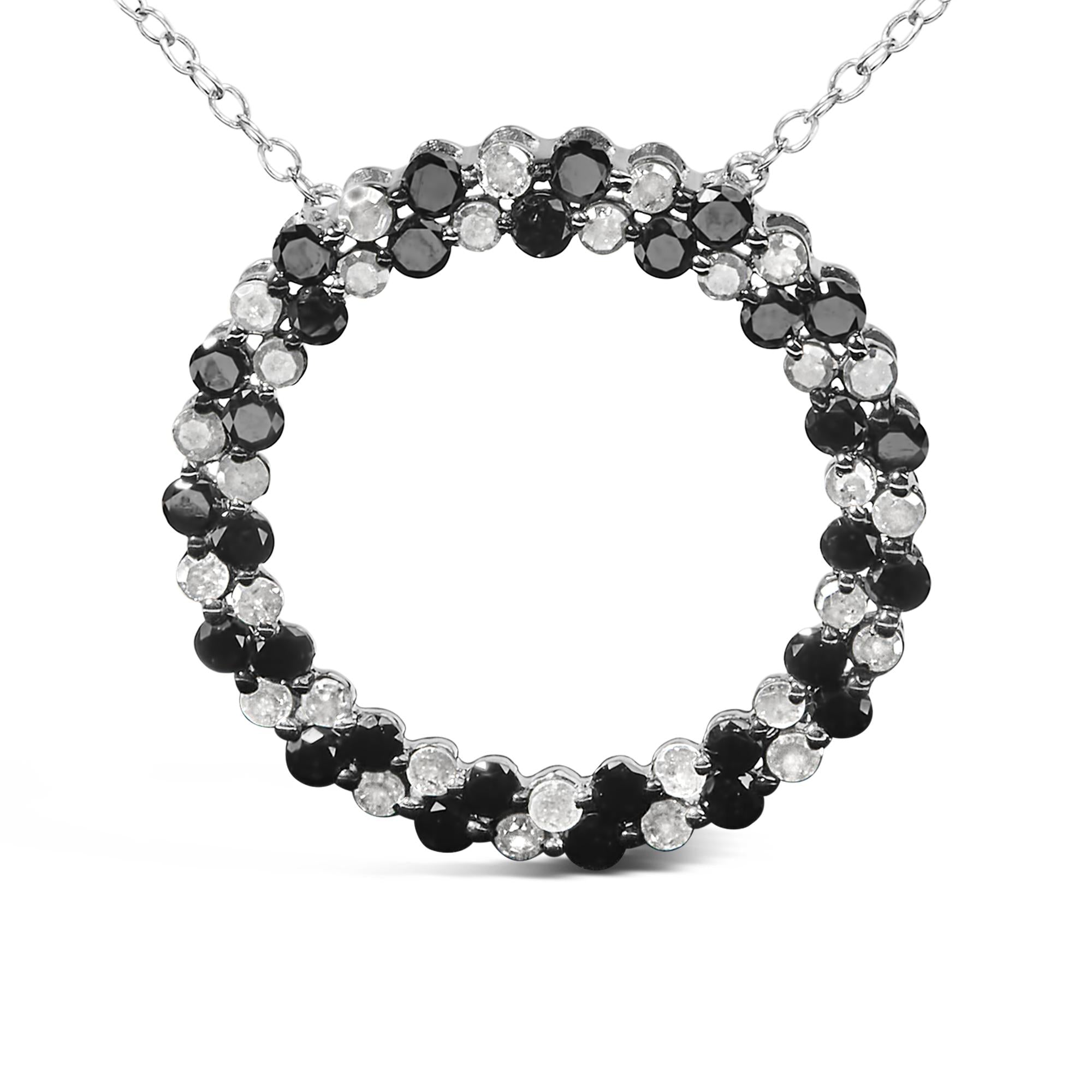 .925 Sterling Silver 1 3/5 Cttw Alternating Treated Black and White Diamond Double Row Open Circle Pendant Necklace (H-I