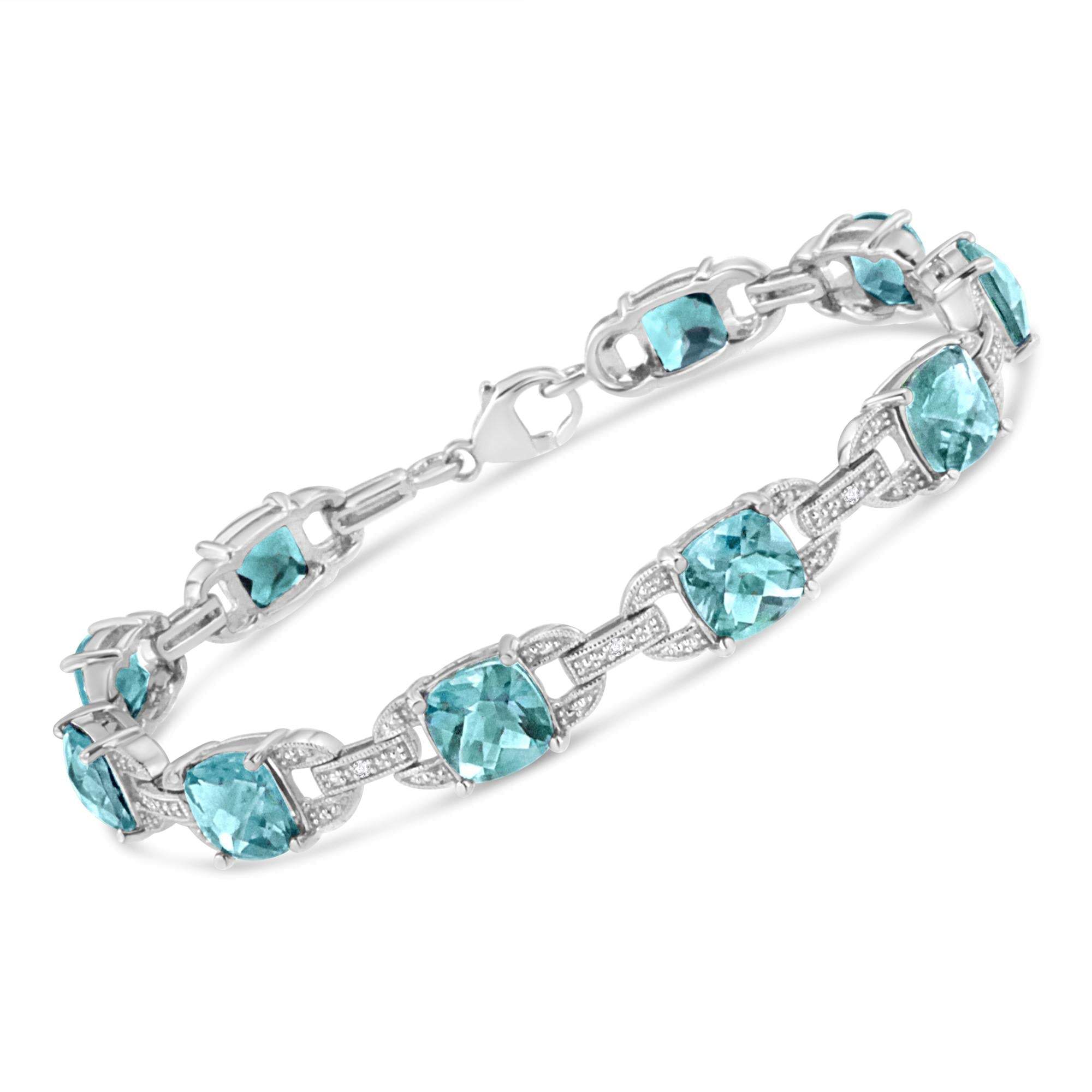 Blue Topaz & Diamond Tennis Bracelet 7x7mm in .925 Sterling Silver