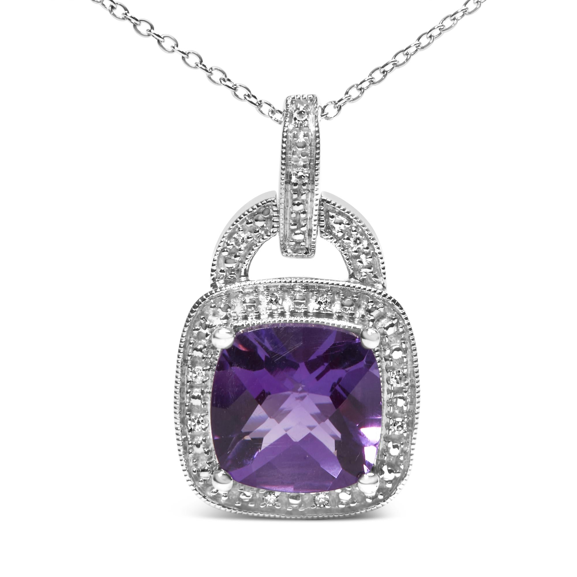 .925 Sterling Silver 10X10 MM Cushion Purple Amethyst and Diamond Accent Halo 18" Pendant Necklace (I-J Color, I1-I2 Cla