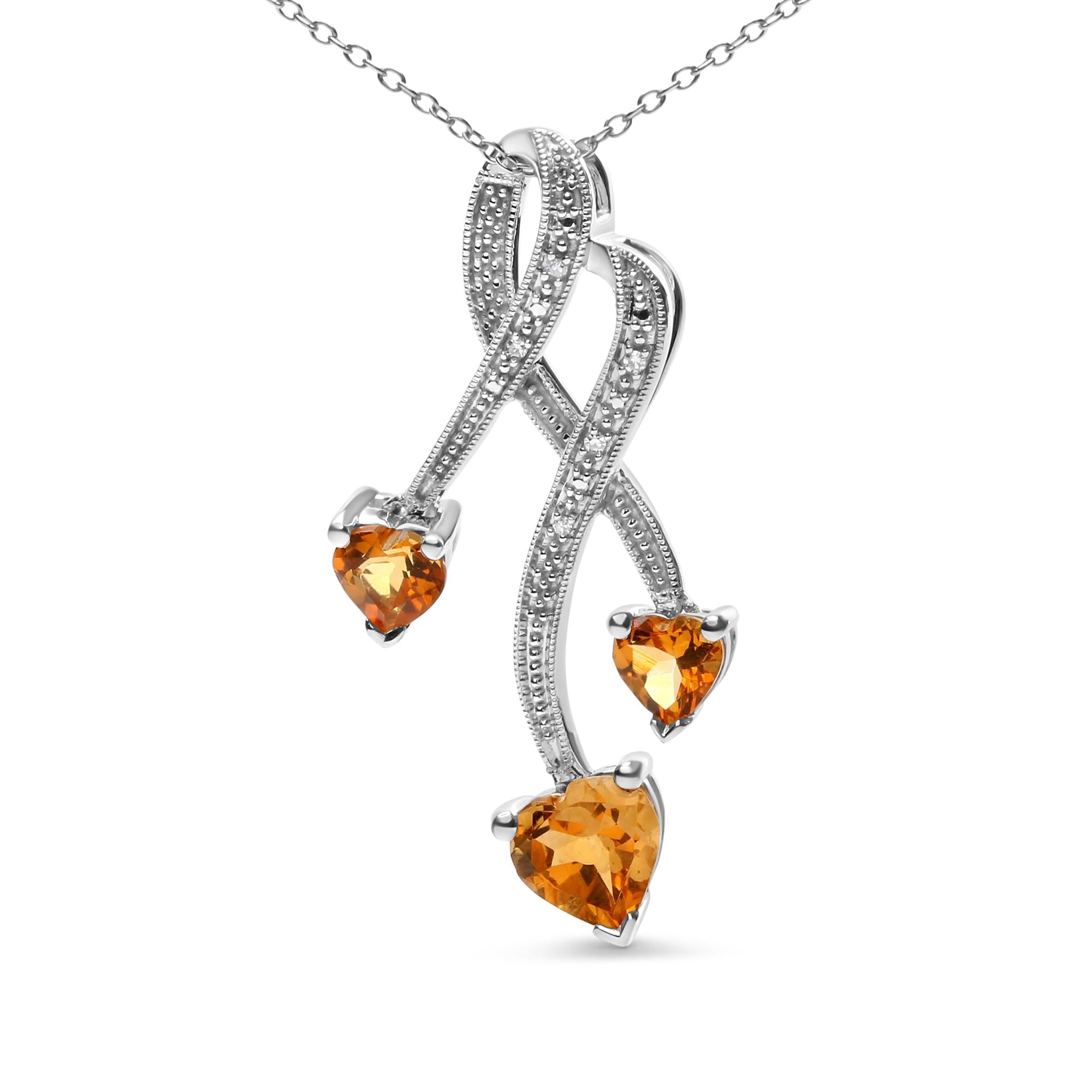 .925 Sterling Silver 3-Stone Heart Shape Citrine and Diamond Accent Spiral Drop 18" Pendant Necklace (H-I Color, SI1-SI2