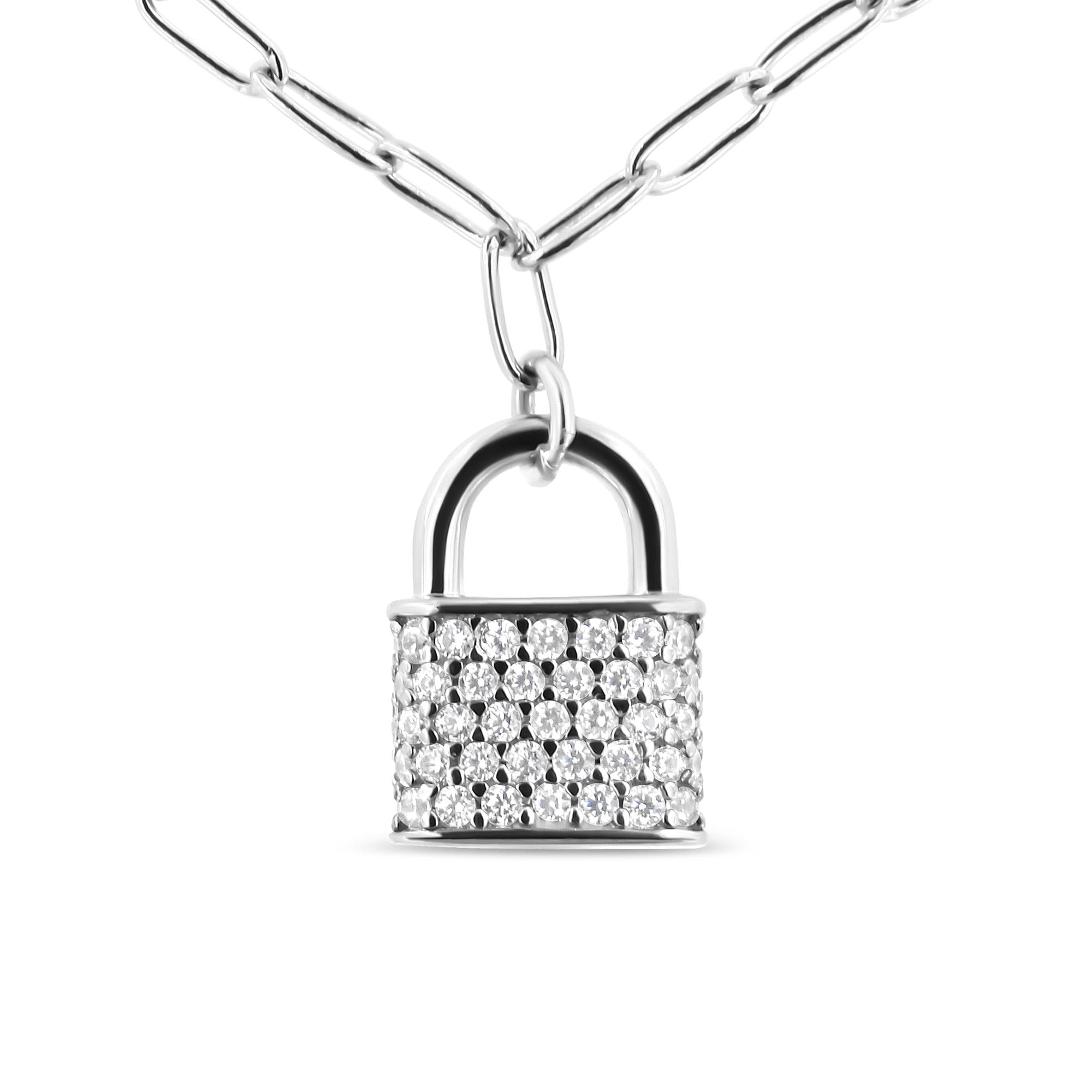.925 Sterling Silver 1/4 Cttw Diamond Lock Pendant Necklace With Paperclip Chain (H-I Color, SI2-I1 Clarity)