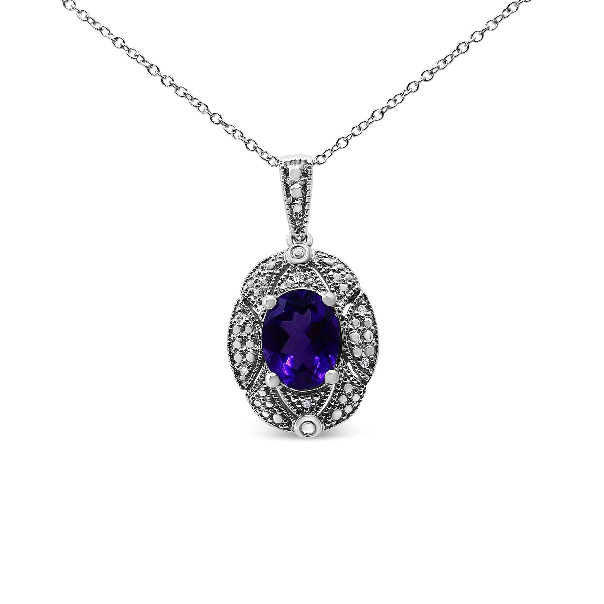 .925 Sterling Silver Diamond Accent and 9x7mm Purple Oval Amethyst Gemstone Pendant 18" Necklace (I-J Color, I1-I2 Clari
