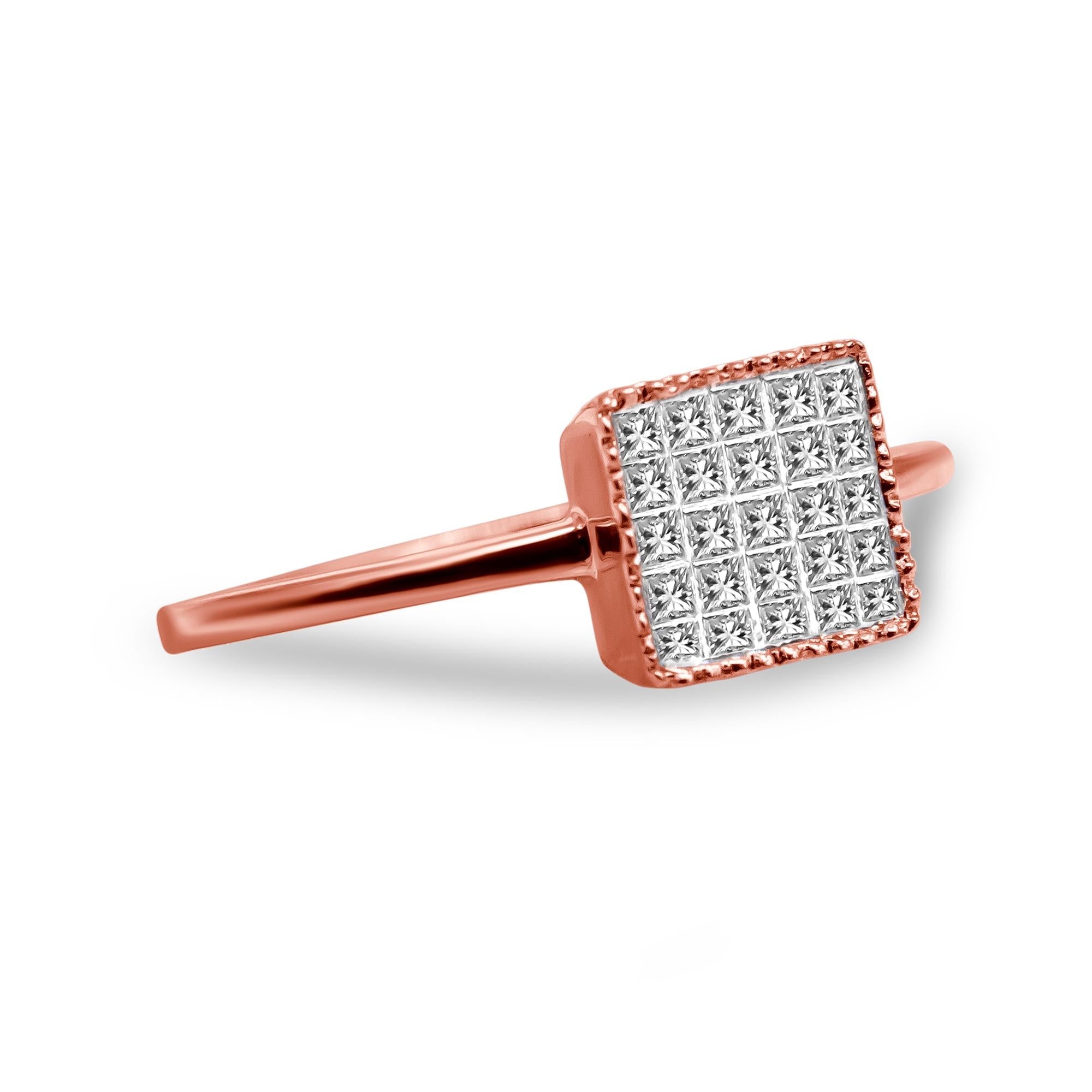 10K Rose Gold 1/3 Cttw Invisible Set Princess Cut Diamond Composite Square Shape Ring for Women (H-I Color, I1-I2 Clarit