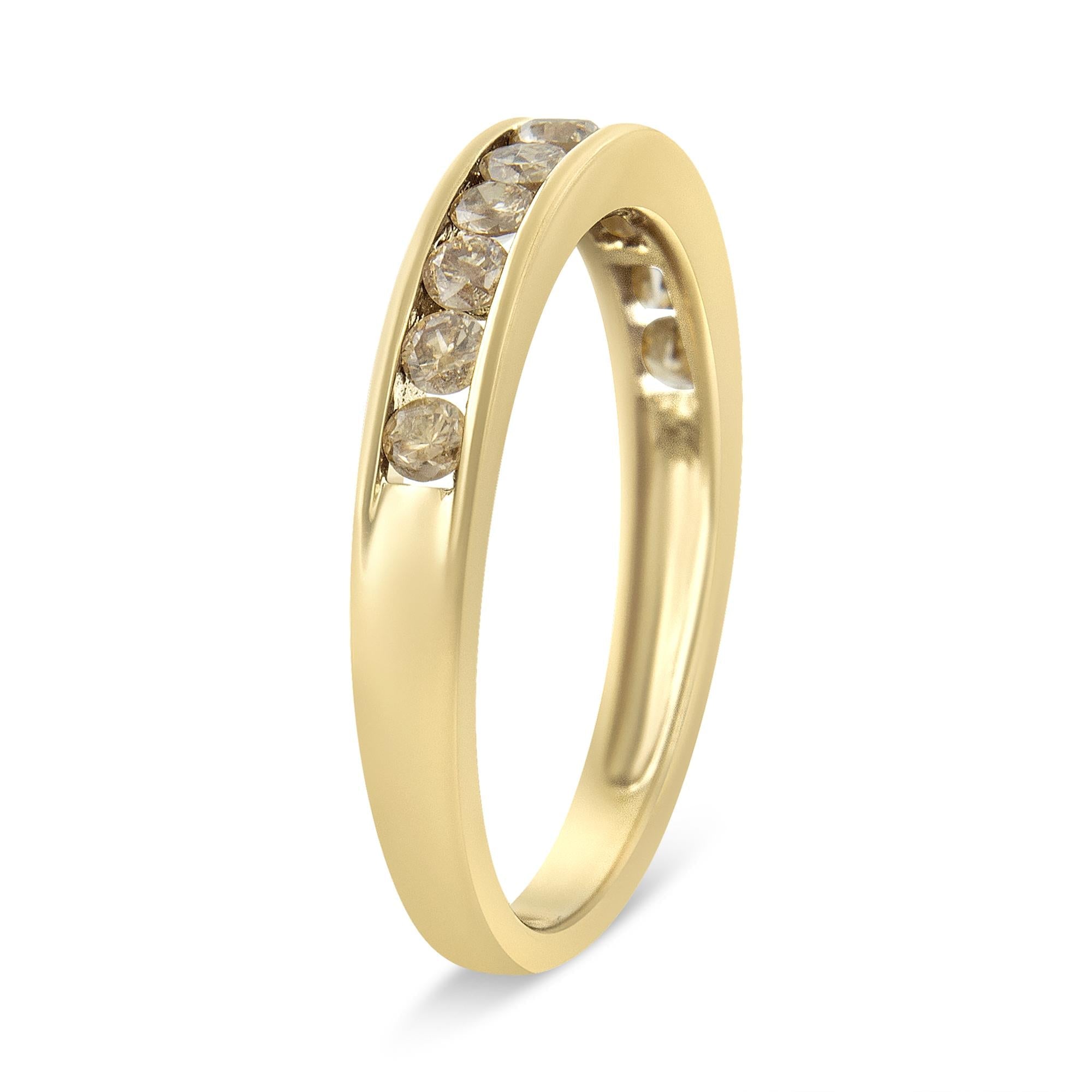 14K Yellow Gold Plated .925 Sterling Silver 1/2 Cttw Channel Set Round Champagne Diamond 11 Stone Band Ring (K-L Color,