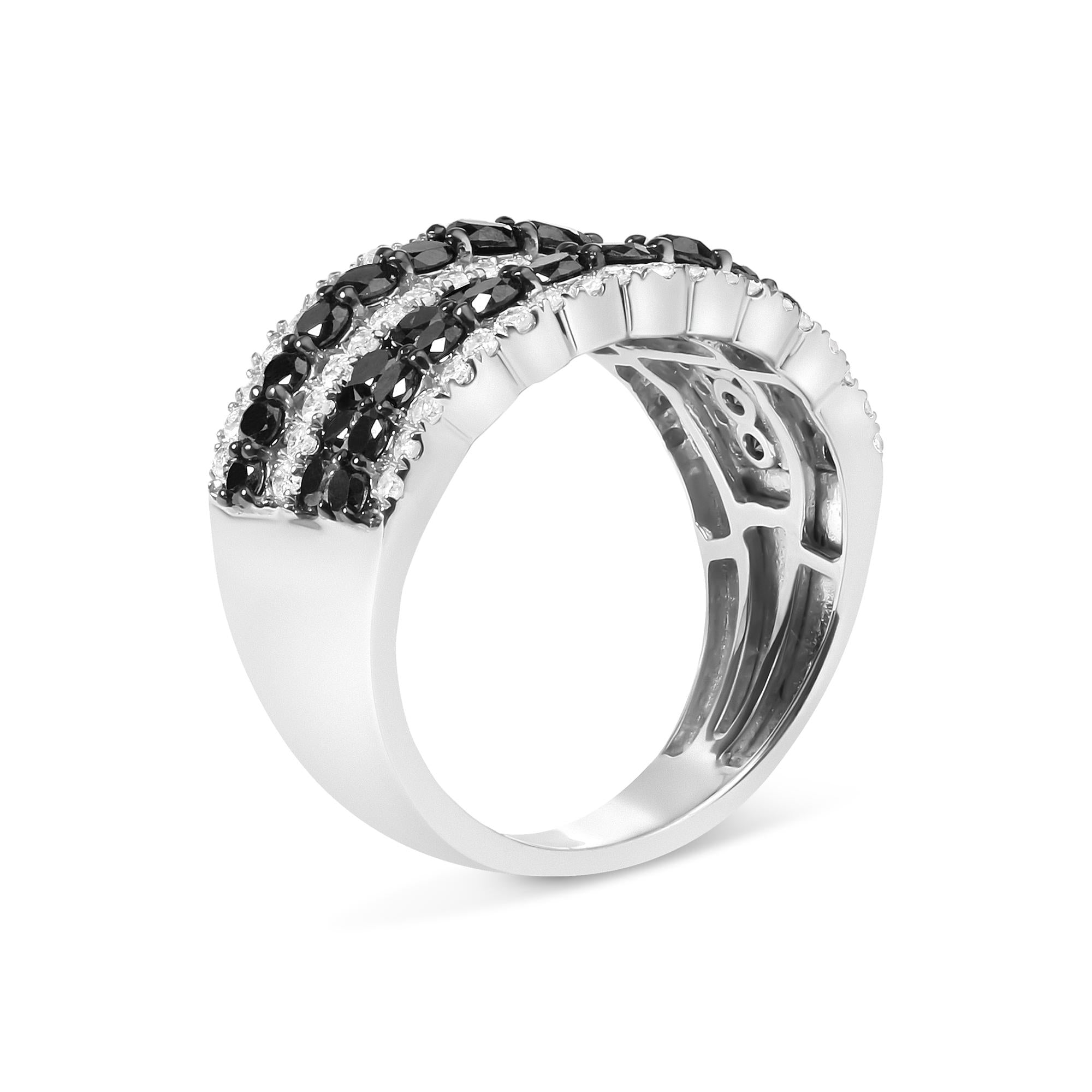 .925 Sterling Silver 1 3/4 Cttw Treated Black and White Alternating Diamond Multi Row Band Ring (Black / I-J Color, I2-I
