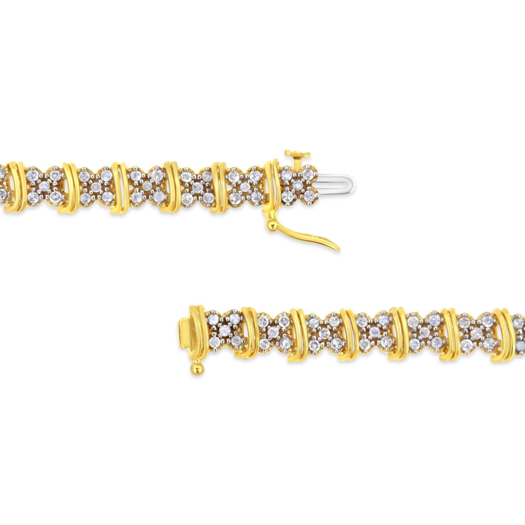 10K Yellow Gold Plated .925 Sterling Silver 2.0 Cttw Round Diamond Cluster "X" Shaped Link Bracelet (H-I Color, I3 Clari