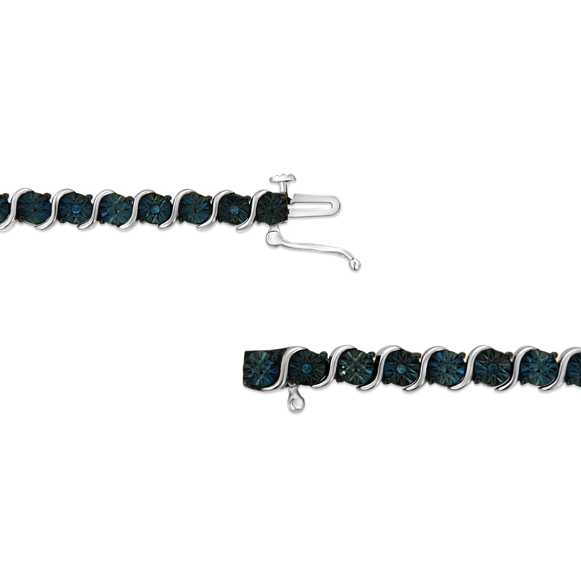.925 Sterling Silver 1/10 Cttw Miracle-Set Treated Blue Color Diamond Miracle Plate "S" Link Tennis Bracelet (Blue Color