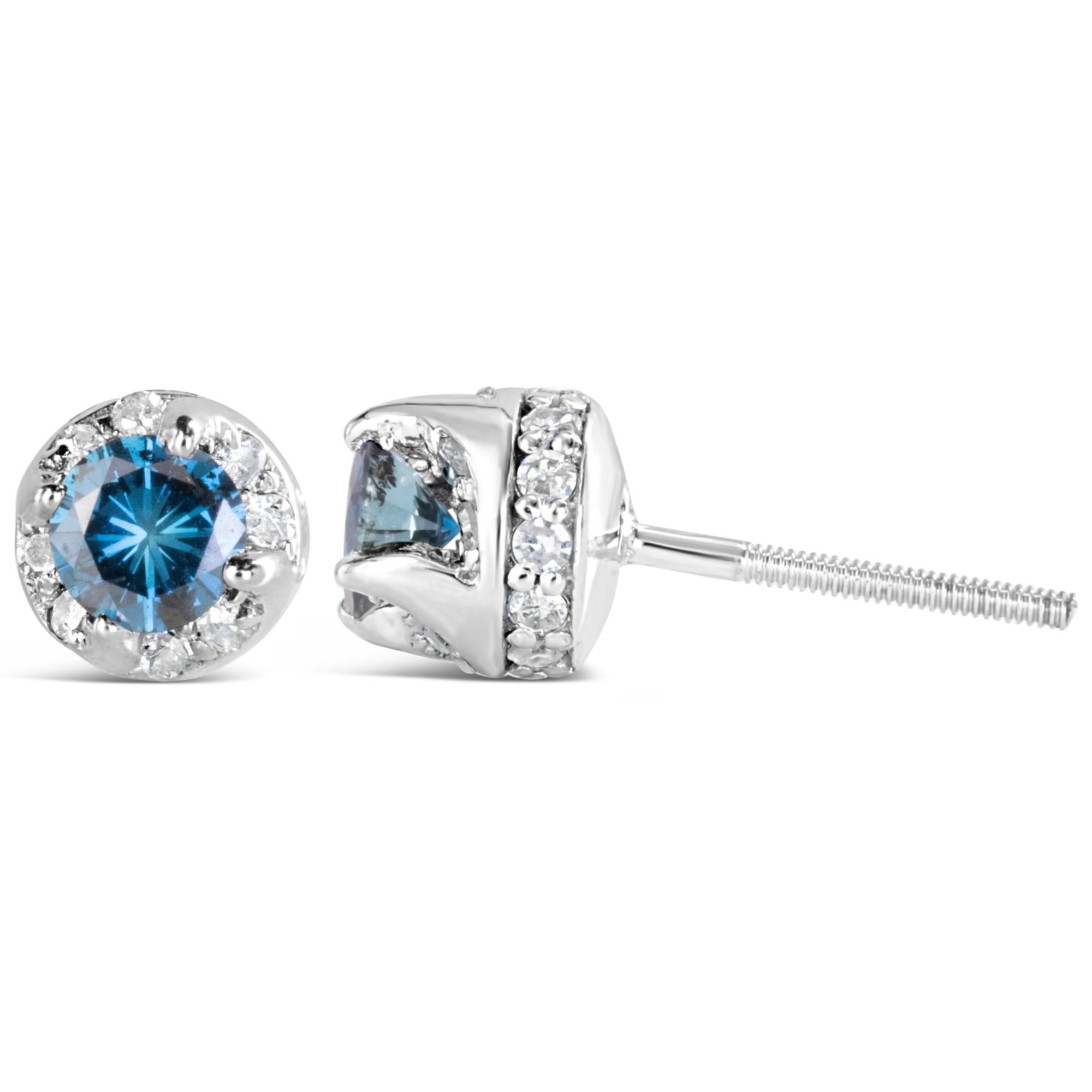 14K White Gold Blue & White Diamond Halo Stud Earrings