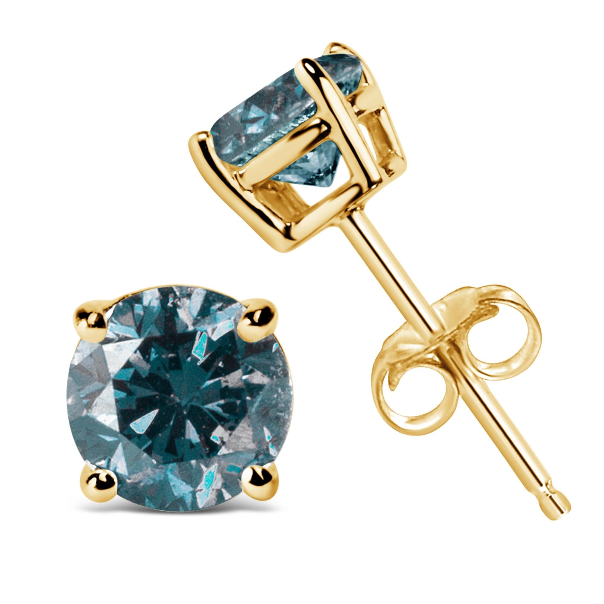 14K Gold Round Brilliant Cut Lab Grown Blue Diamond 4-Prong Classic Solitaire Stud Earrings With Pushbacks