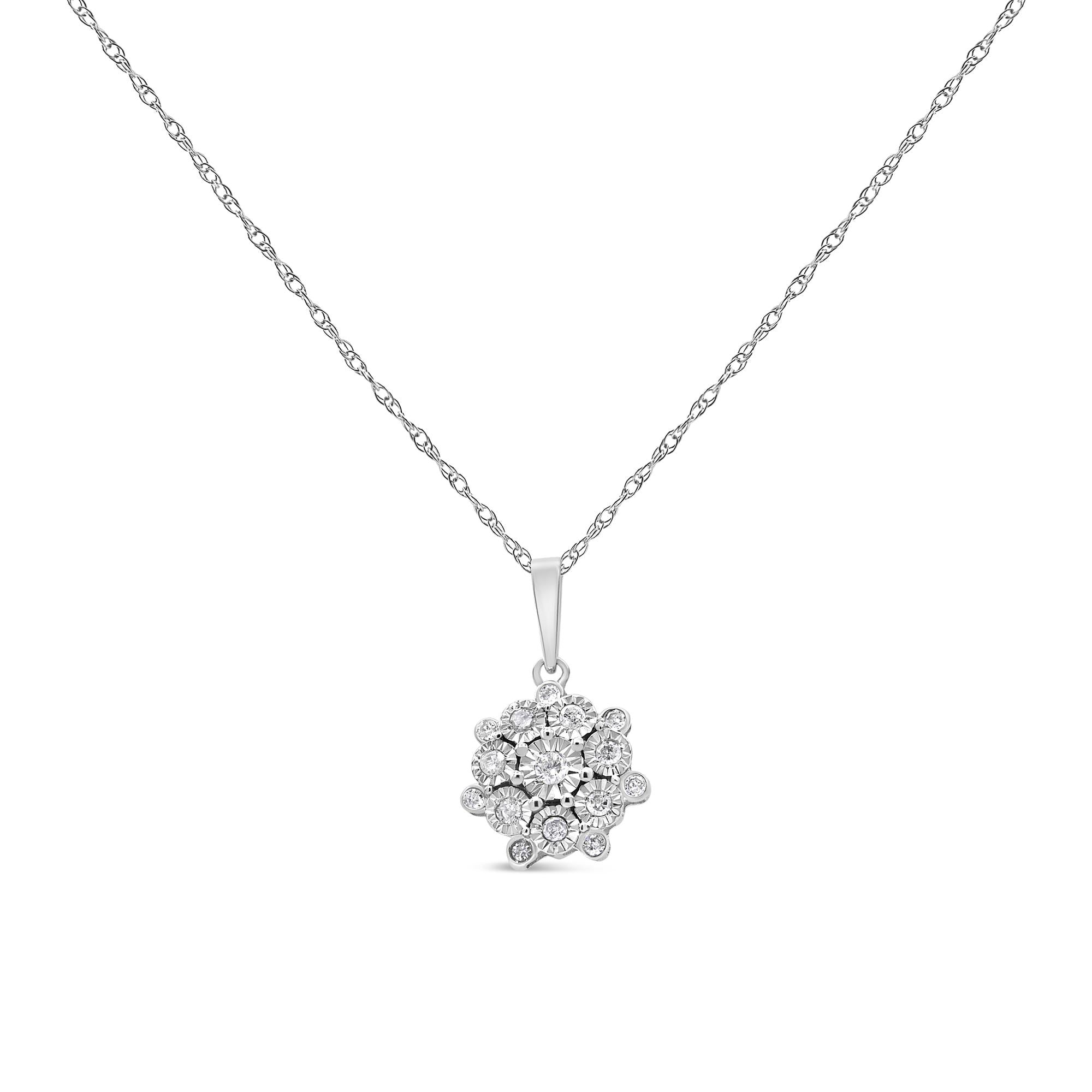 .925 Sterling Silver 1/4 Cttw Diamond Floral Cluster Pendant Necklace (I-J, I2-I3)
