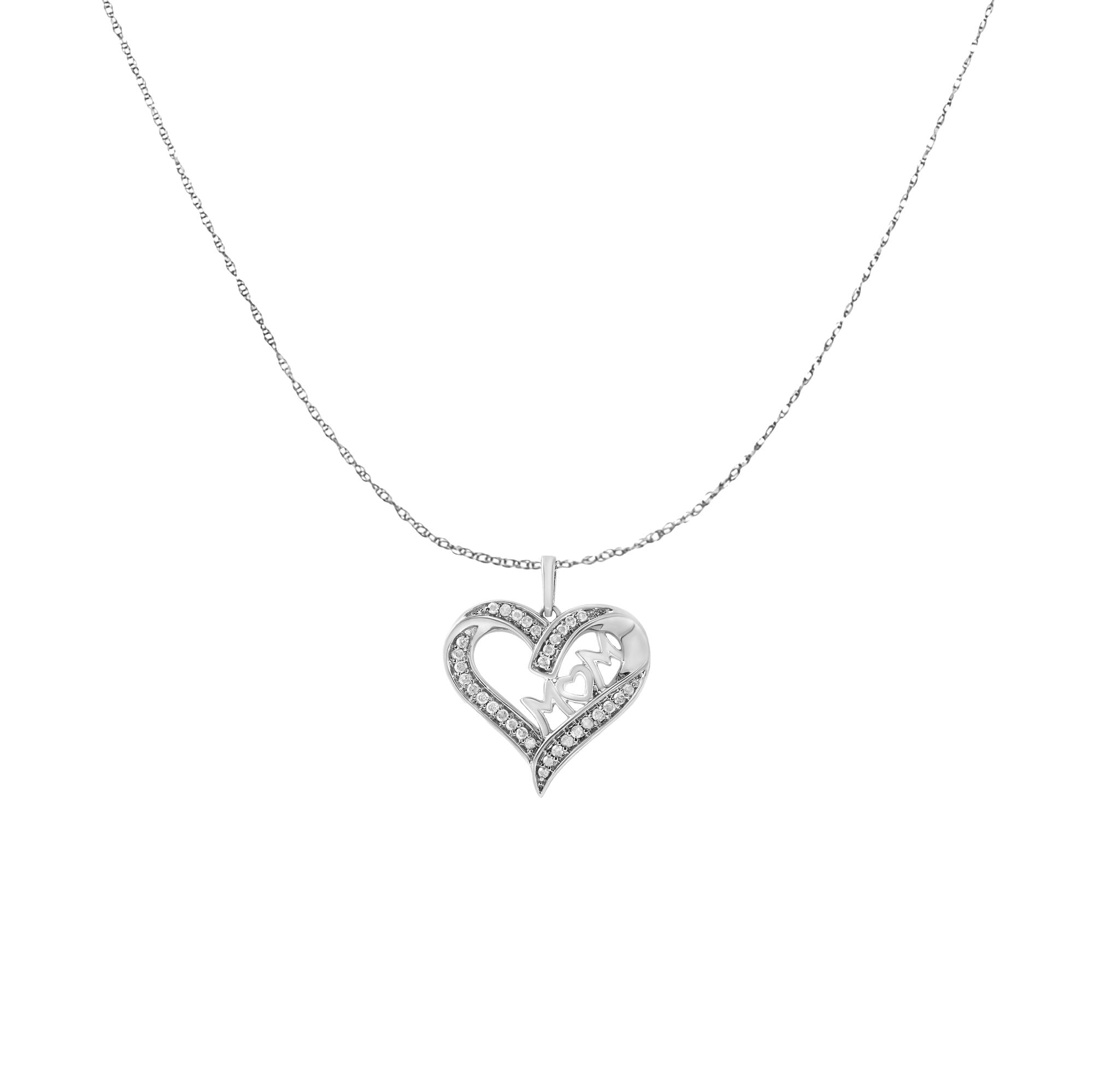 .925 Sterling Silver 1/4 Cttw Diamond Engraved "Mom" in Heart Pendant Necklace (I-J Color, I3 Clarity)