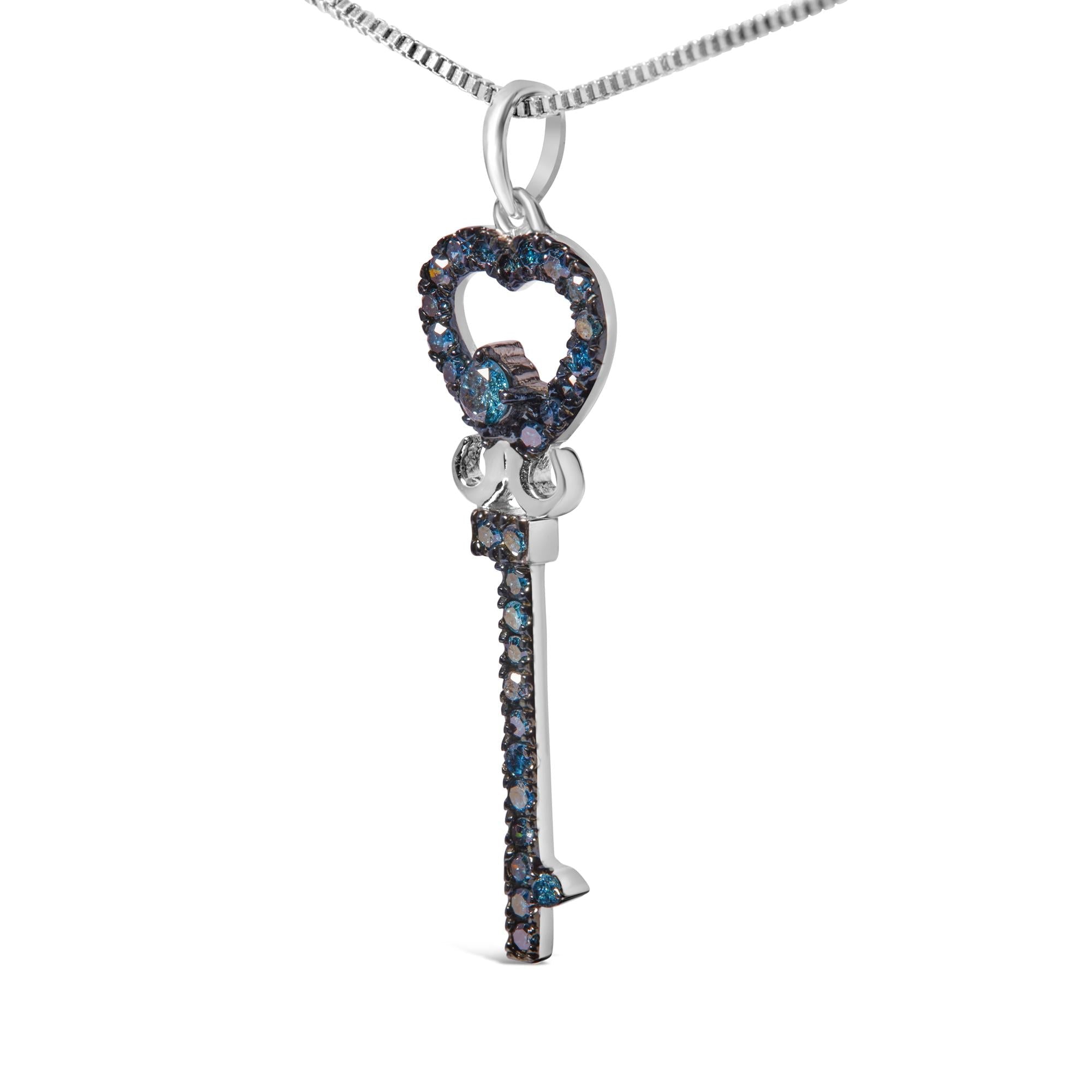 Blue Diamond Key Pendant Necklace 18” in .925 Sterling Silver 1/3 Cttw
