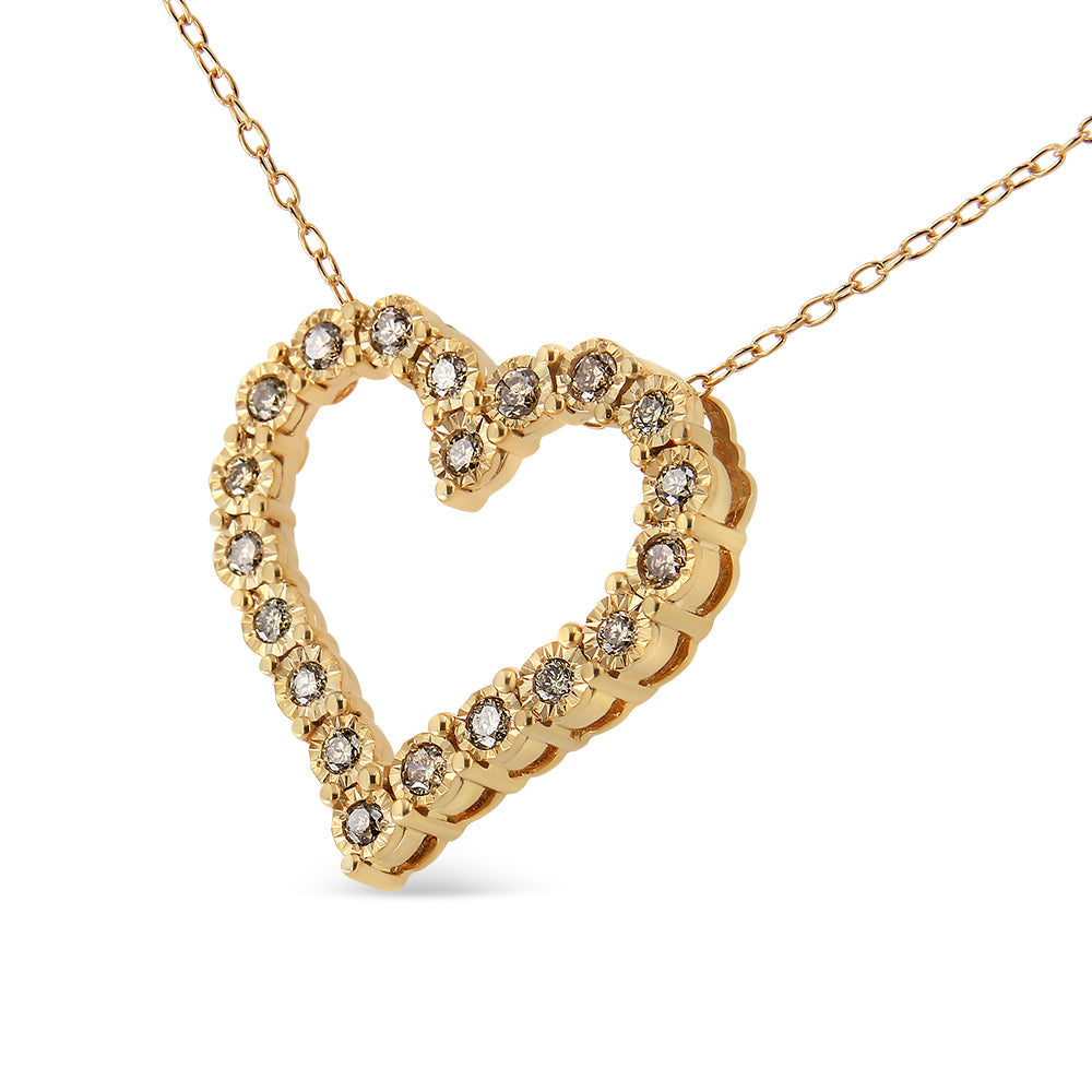 10K Yellow Gold Flashed .925 Sterling Silver 1/2 Cttw Champagne Diamond Miracle Plate Heart Pendant Necklace (K-L Color,