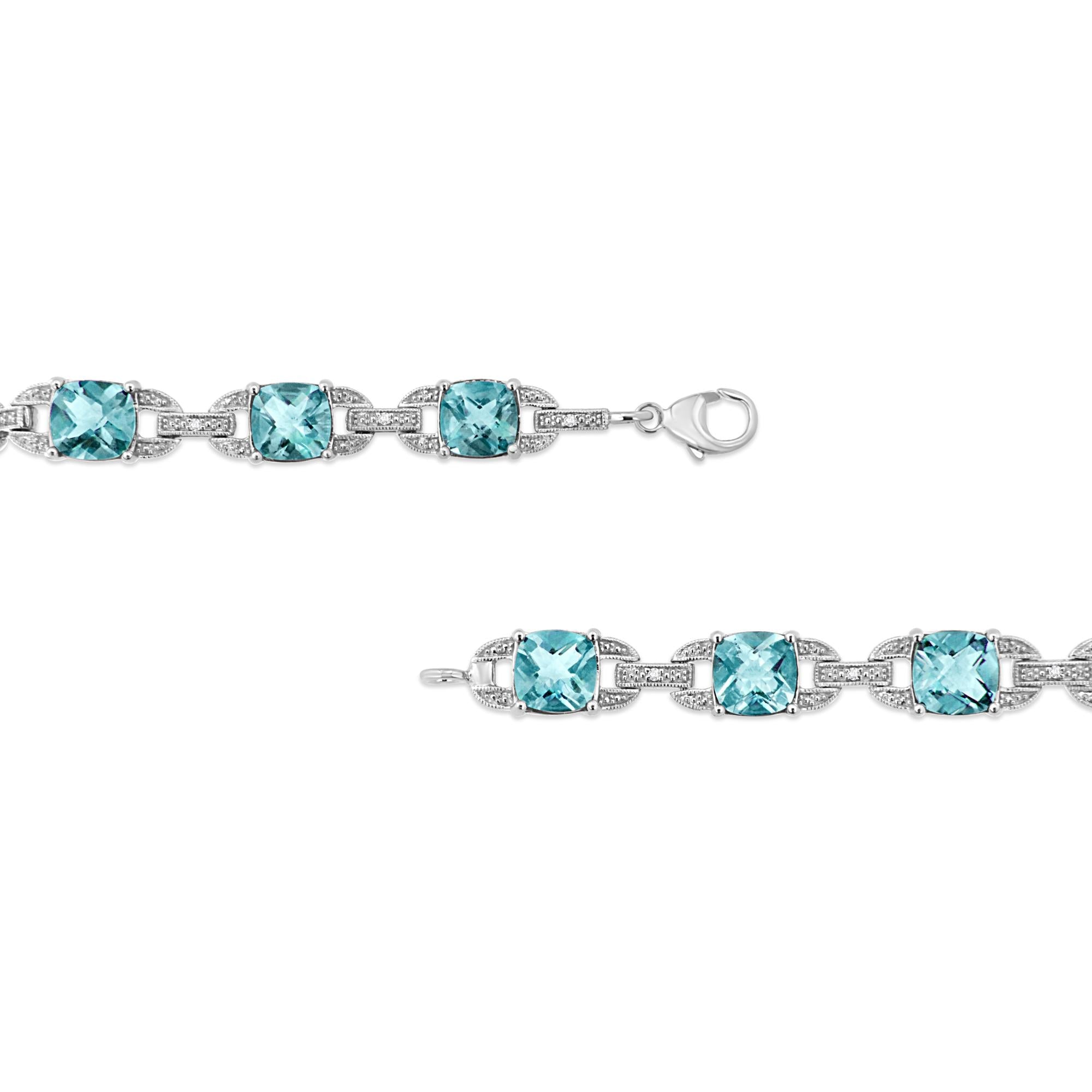 Blue Topaz & Diamond Tennis Bracelet 7x7mm in .925 Sterling Silver