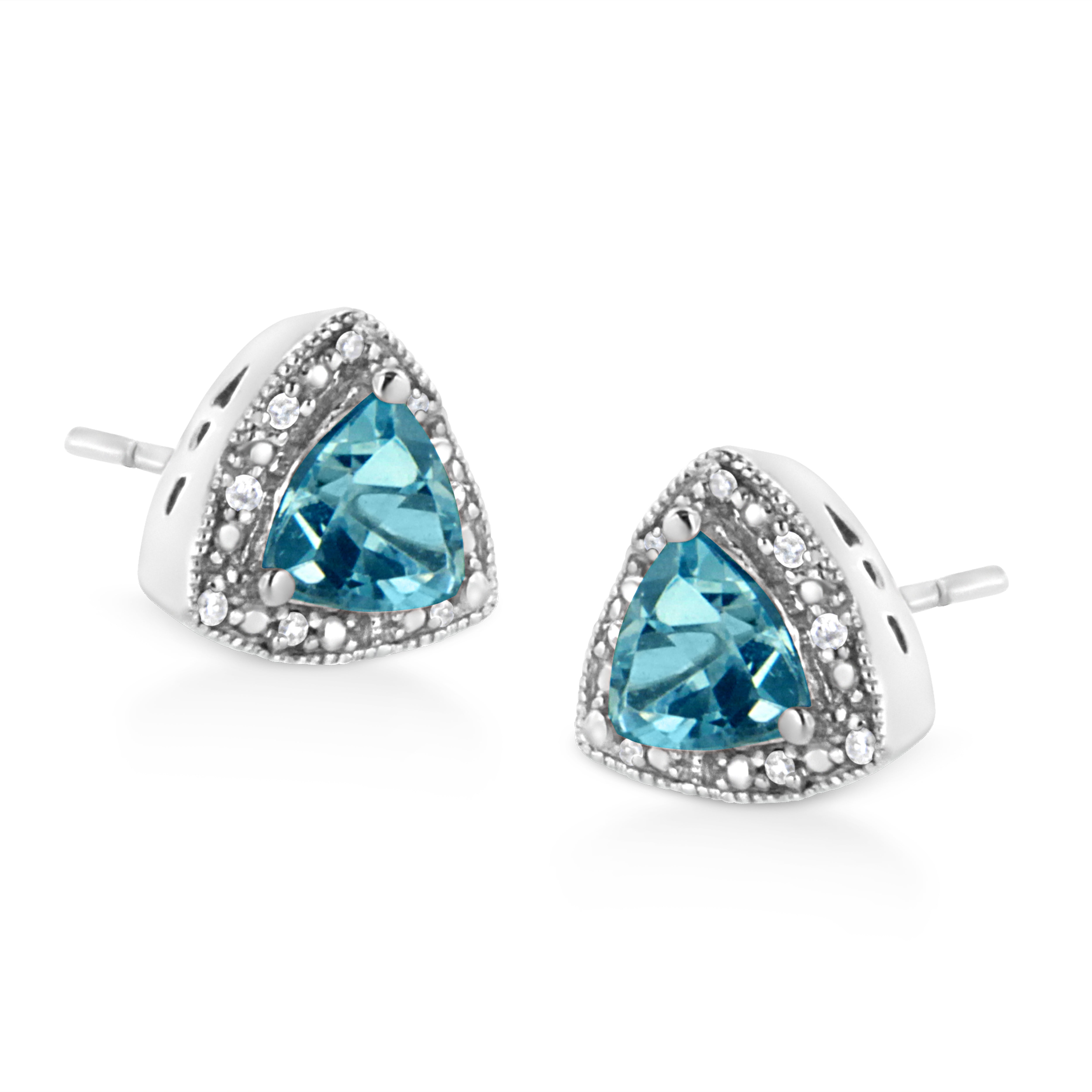 .925 Sterling Silver 6x6 Mm Trillion Cut Blue Topaz Gemstone and Diamond Accent Stud Earring (I-J Color, I1-I2 Clarity)
