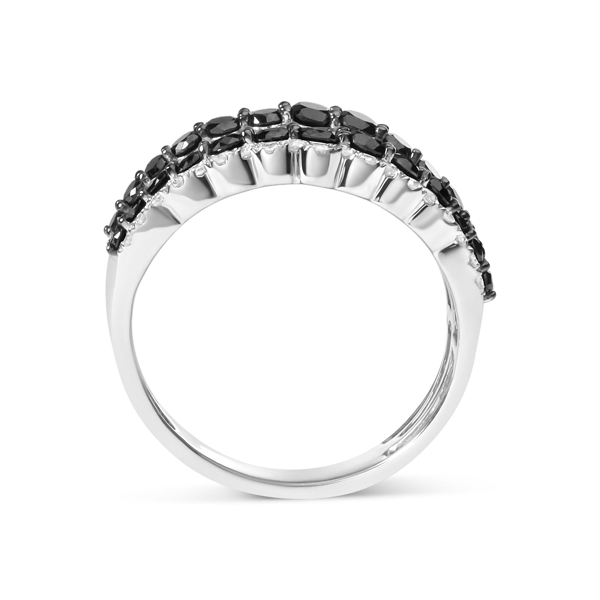 .925 Sterling Silver 1 3/4 Cttw Treated Black and White Alternating Diamond Multi Row Band Ring (Black / I-J Color, I2-I