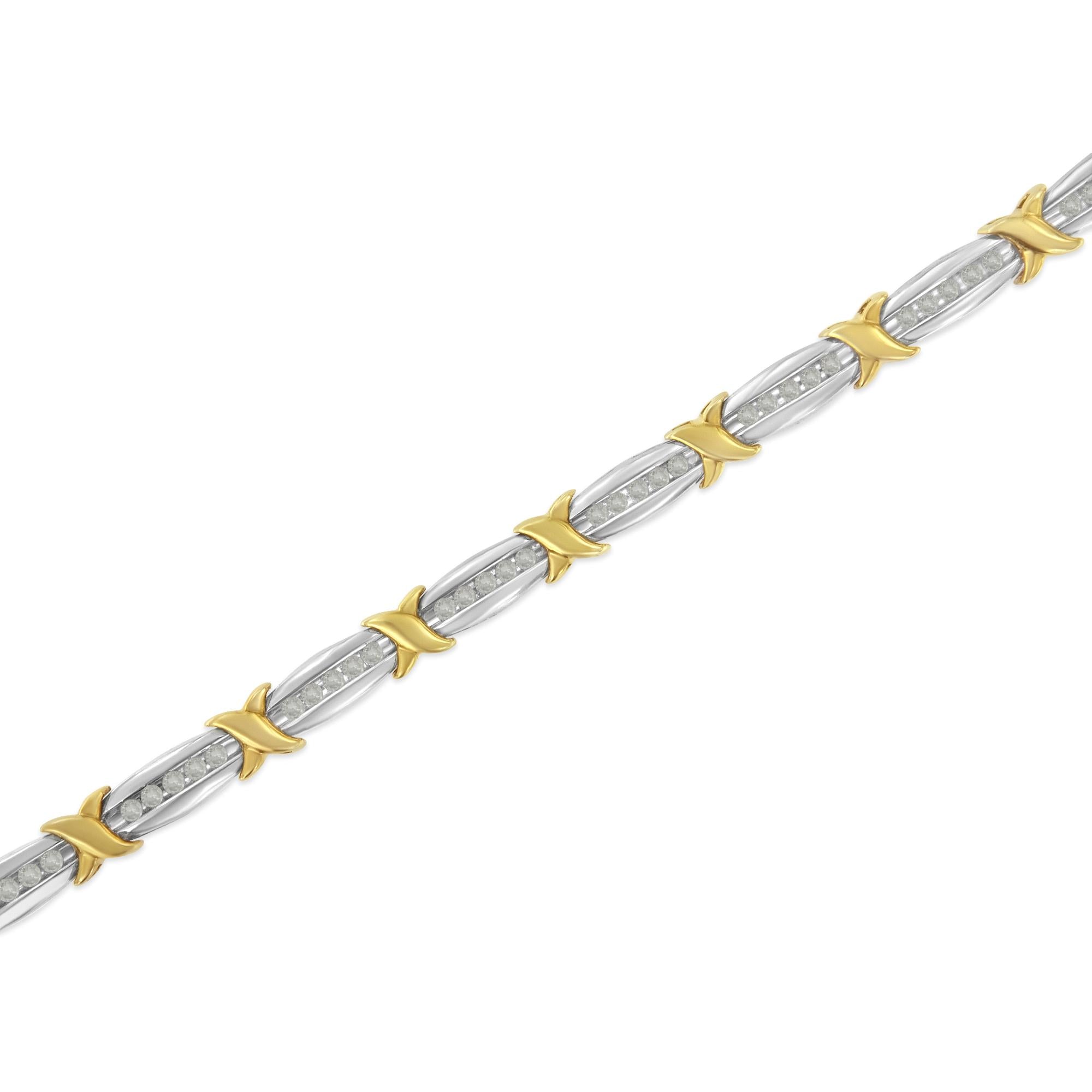 Two-Tone 10K Yellow Gold Over .925 Sterling Silver 1.0 Cttw Diamond Channel Set Tapered & X-Link 7" Tennis Bracelet (H-I