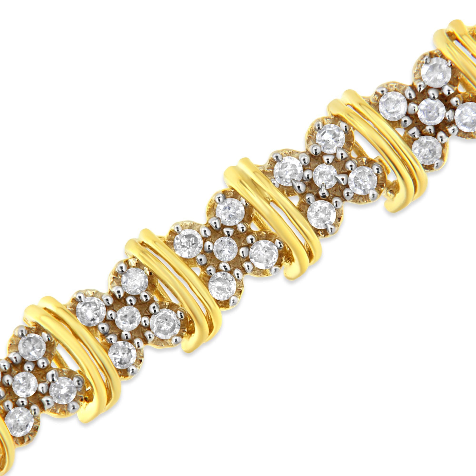 10K Yellow Gold Plated .925 Sterling Silver 2.0 Cttw Round Diamond Cluster "X" Shaped Link Bracelet (H-I Color, I3 Clari