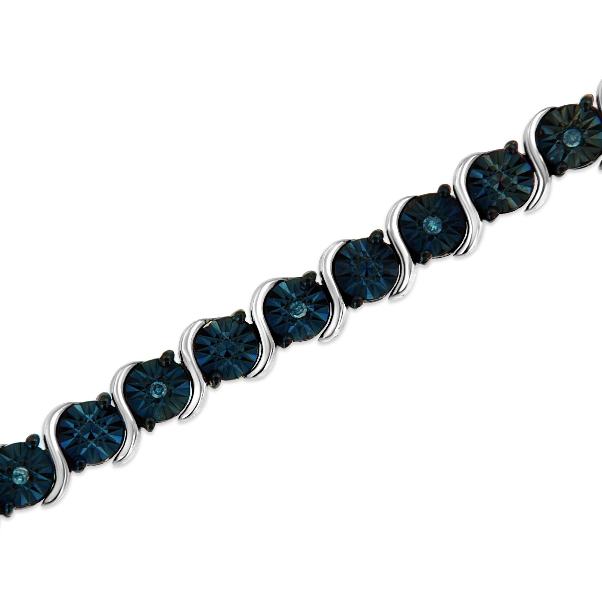 .925 Sterling Silver 1/10 Cttw Miracle-Set Treated Blue Color Diamond Miracle Plate "S" Link Tennis Bracelet (Blue Color
