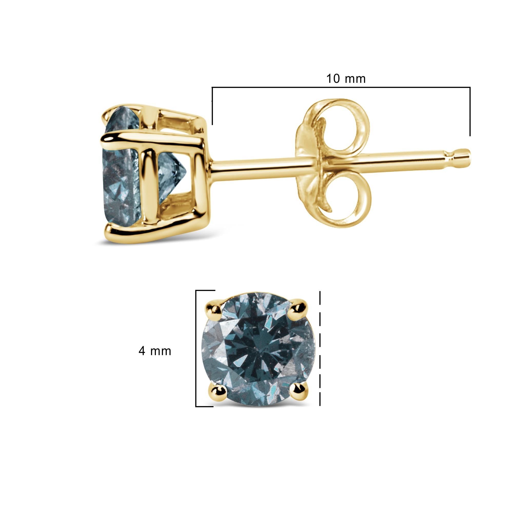 14K Gold Round Brilliant Cut Lab Grown Blue Diamond 4-Prong Classic Solitaire Stud Earrings With Pushbacks