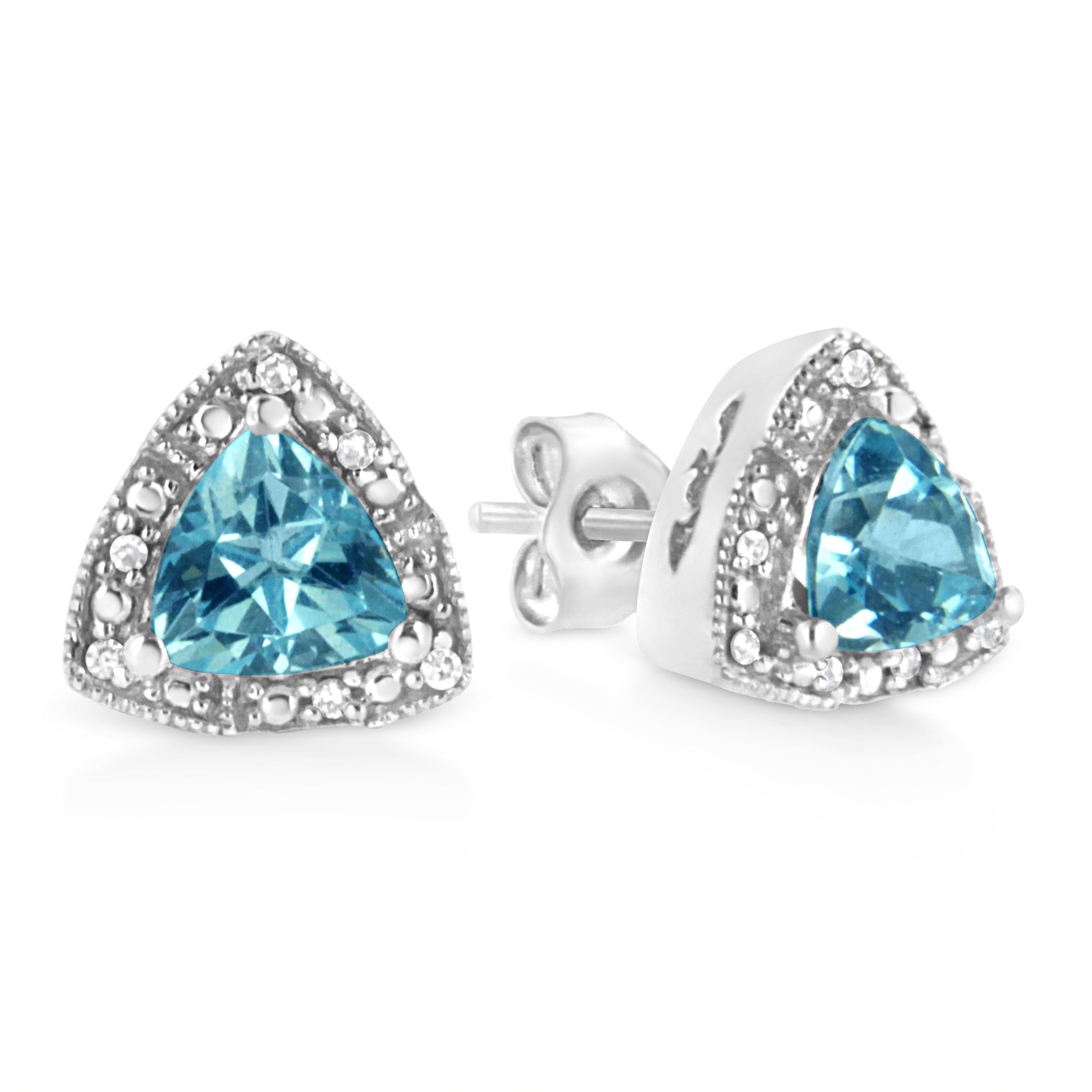 .925 Sterling Silver 6x6 Mm Trillion Cut Blue Topaz Gemstone and Diamond Accent Stud Earring (I-J Color, I1-I2 Clarity)