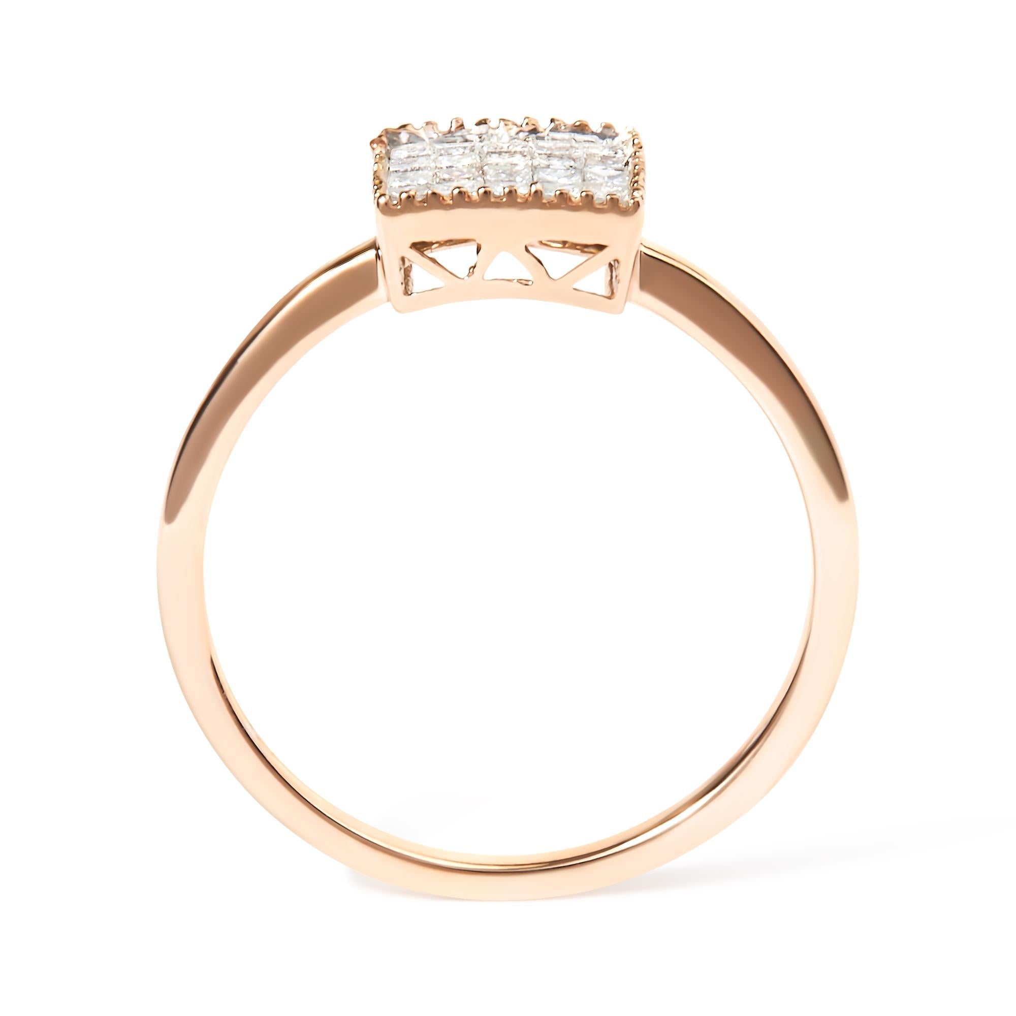 10K Rose Gold 1/3 Cttw Invisible Set Princess Cut Diamond Composite Square Shape Ring for Women (H-I Color, I1-I2 Clarit