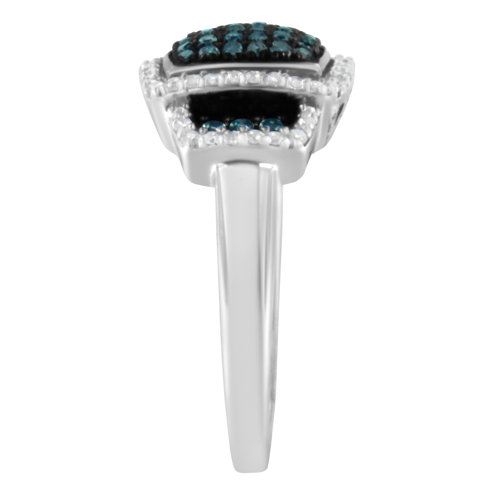 Black Rhodium Plated .925 Sterling Silver 1/2 Cttw White & Blue Diamond Square Halo Cocktail Ring (Fancy Blue & H-I Colo