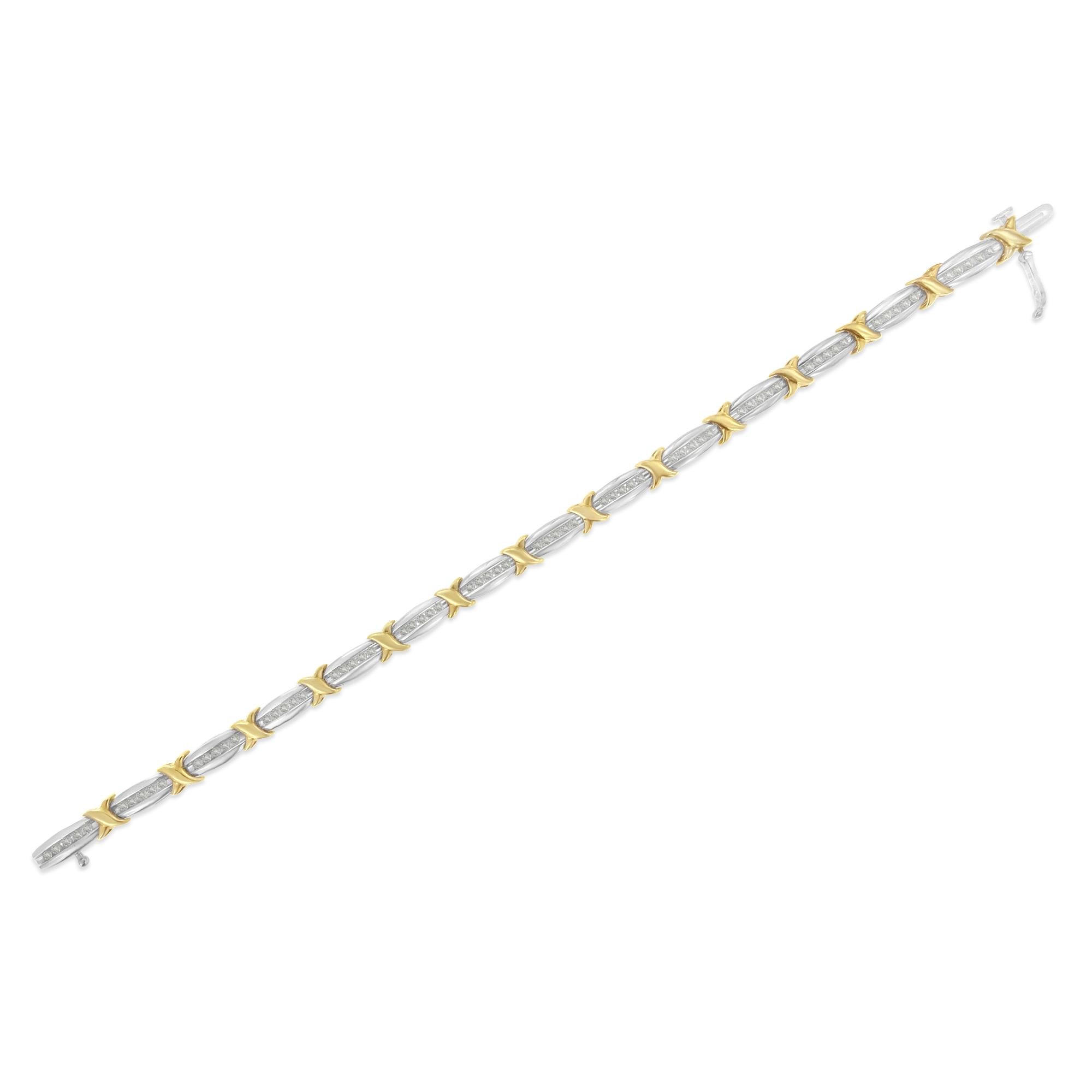 Two-Tone 10K Yellow Gold Over .925 Sterling Silver 1.0 Cttw Diamond Channel Set Tapered & X-Link 7" Tennis Bracelet (H-I