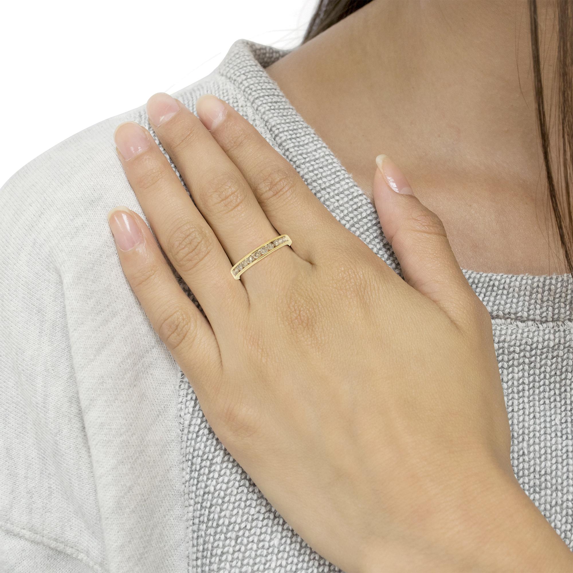 14K Yellow Gold Plated .925 Sterling Silver 1/2 Cttw Channel Set Round Champagne Diamond 11 Stone Band Ring (K-L Color,